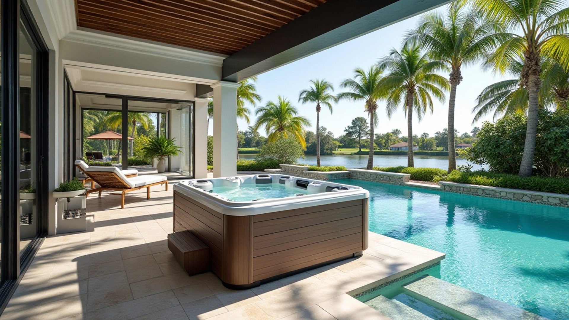 Florida home with a sparkling backyard pool in the late afternoon