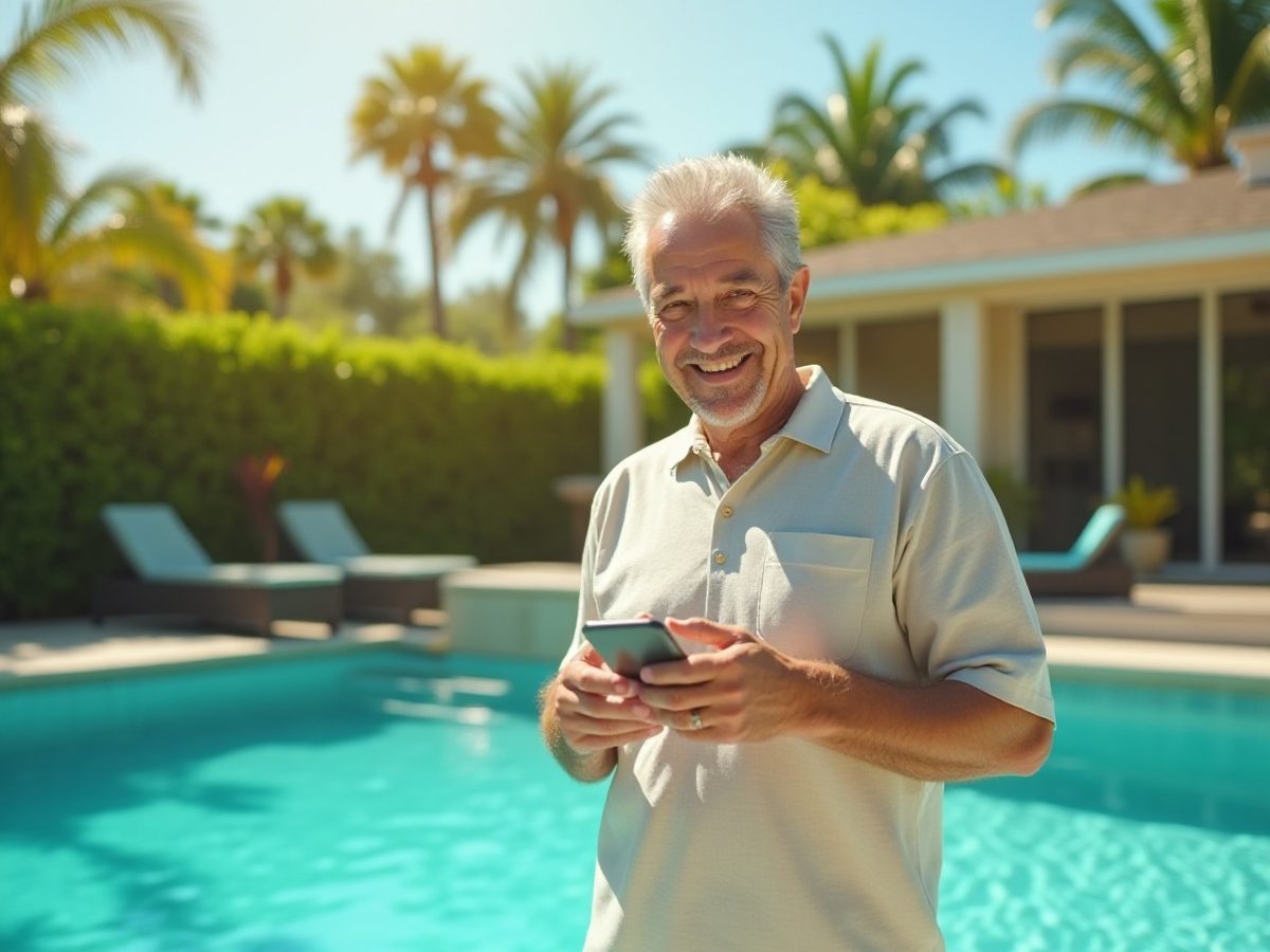 Homeowner sitting beside a backyard pool and filling out a request on a phone