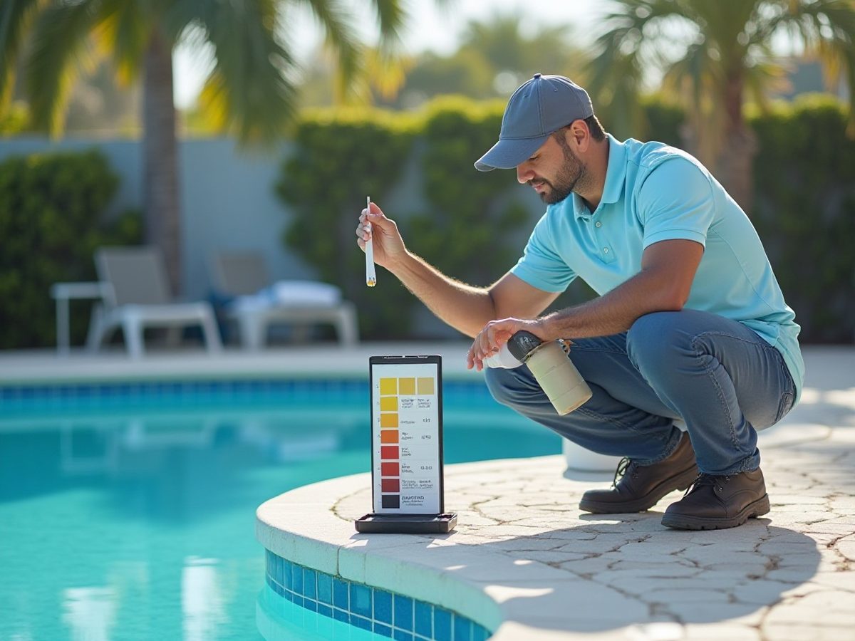 Pool chemistry log clipboard next to a commercial pool test kit