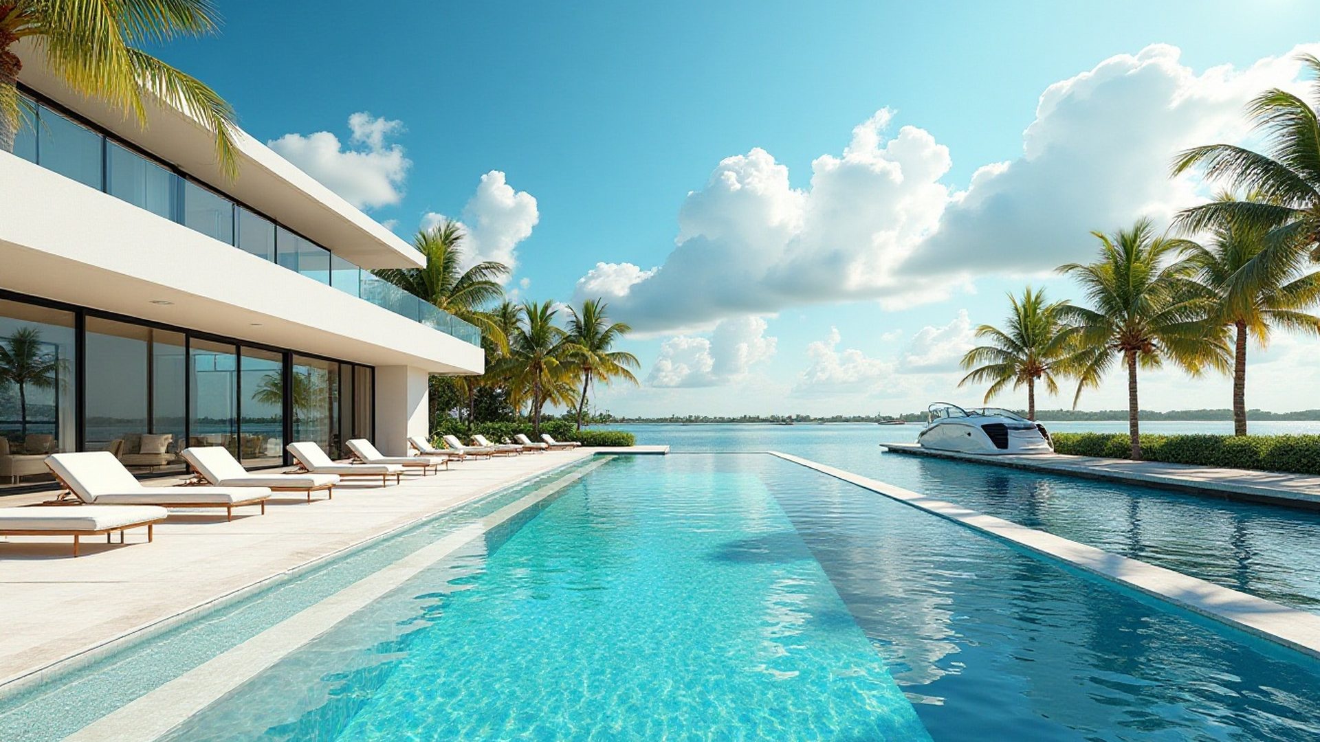 Large community swimming pool with lounge chairs at a Florida residential complex