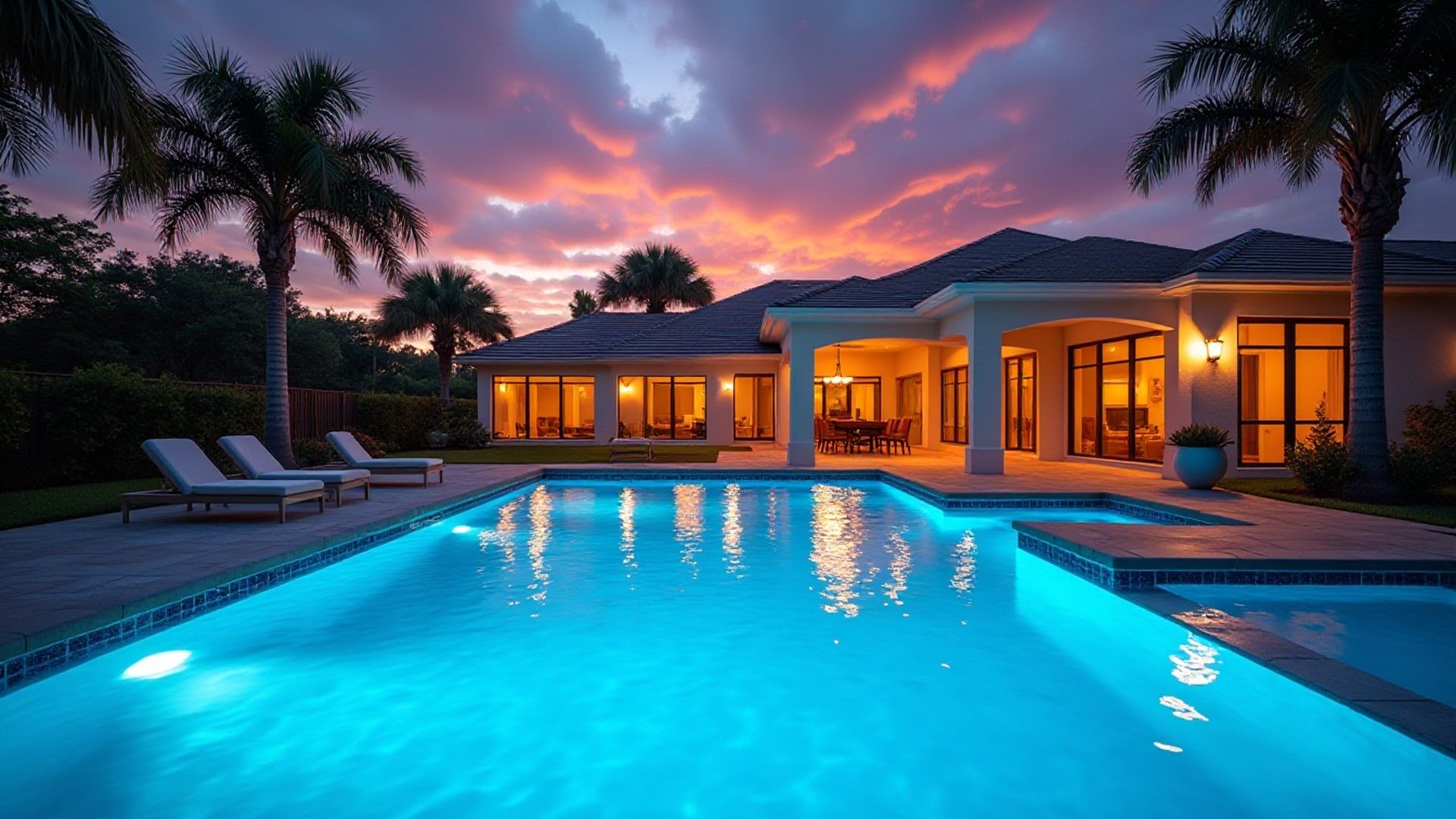 Backyard pool glowing in the early evening at a Florida home