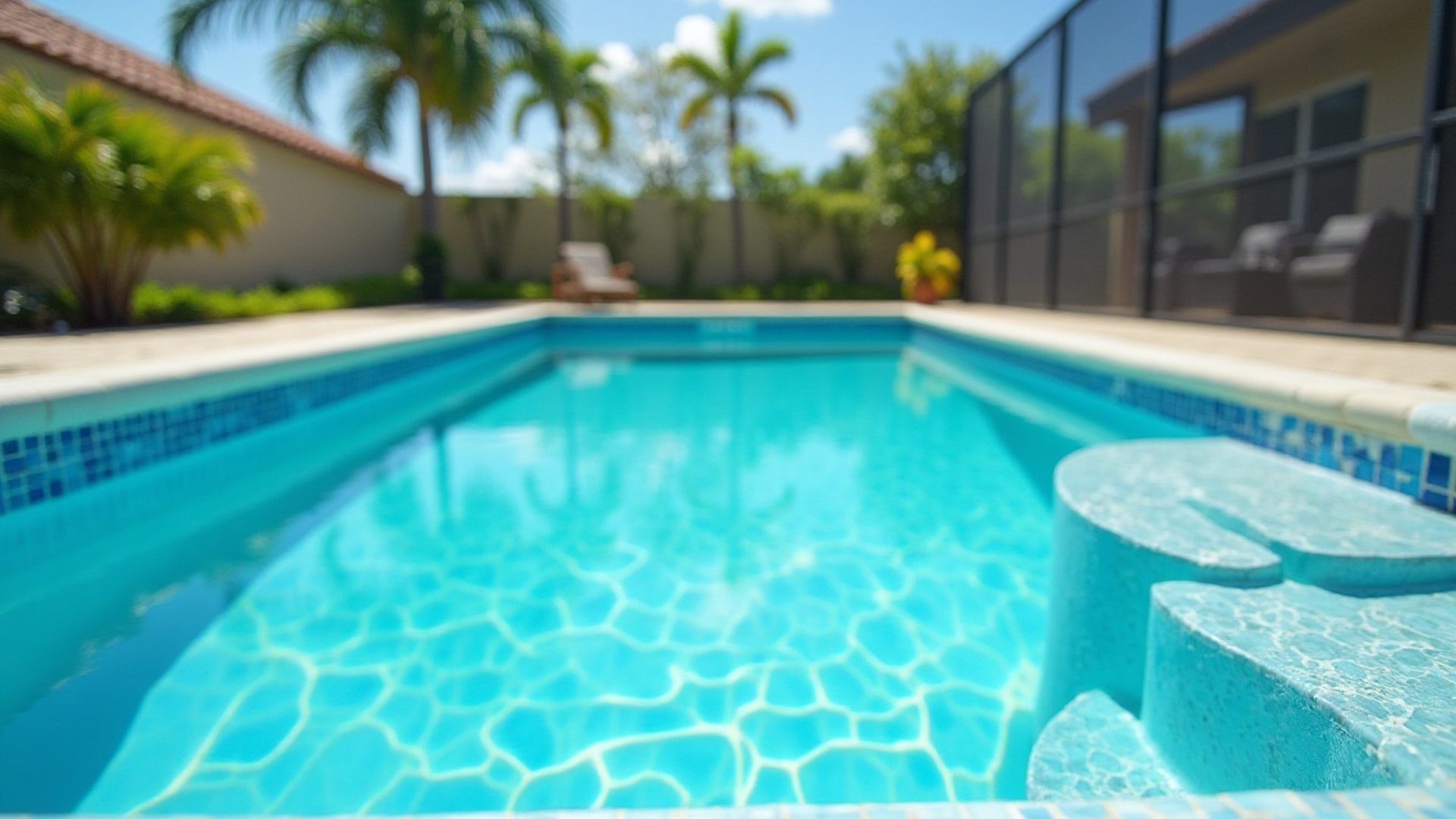 Steps leading into a clear blue backyard pool