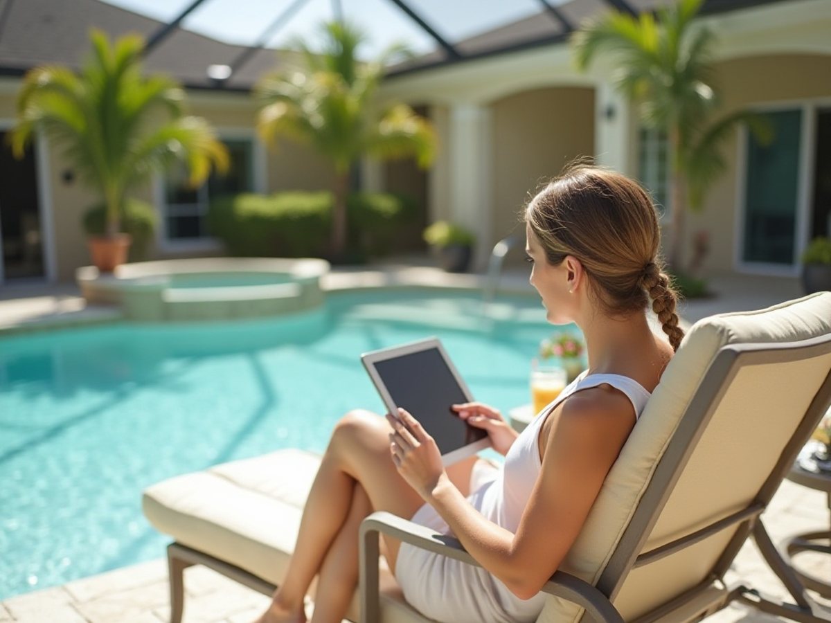 Homeowner reading on a tablet on a pool deck