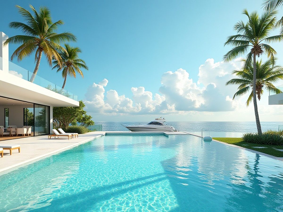Backyard pool and patio at a waterfront home in South Florida