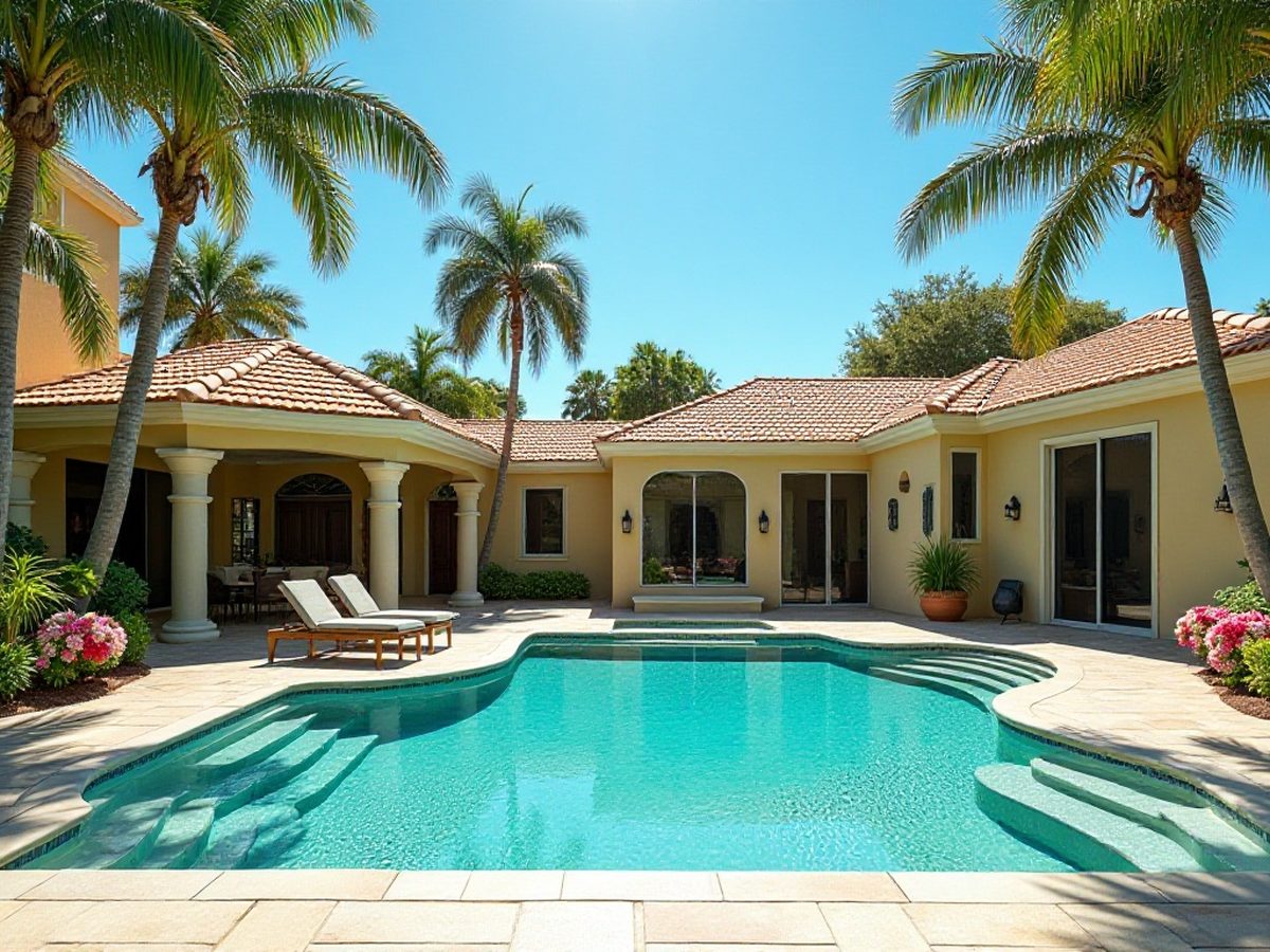 Pool deck with palm trees and a clear pool in Southwest Florida