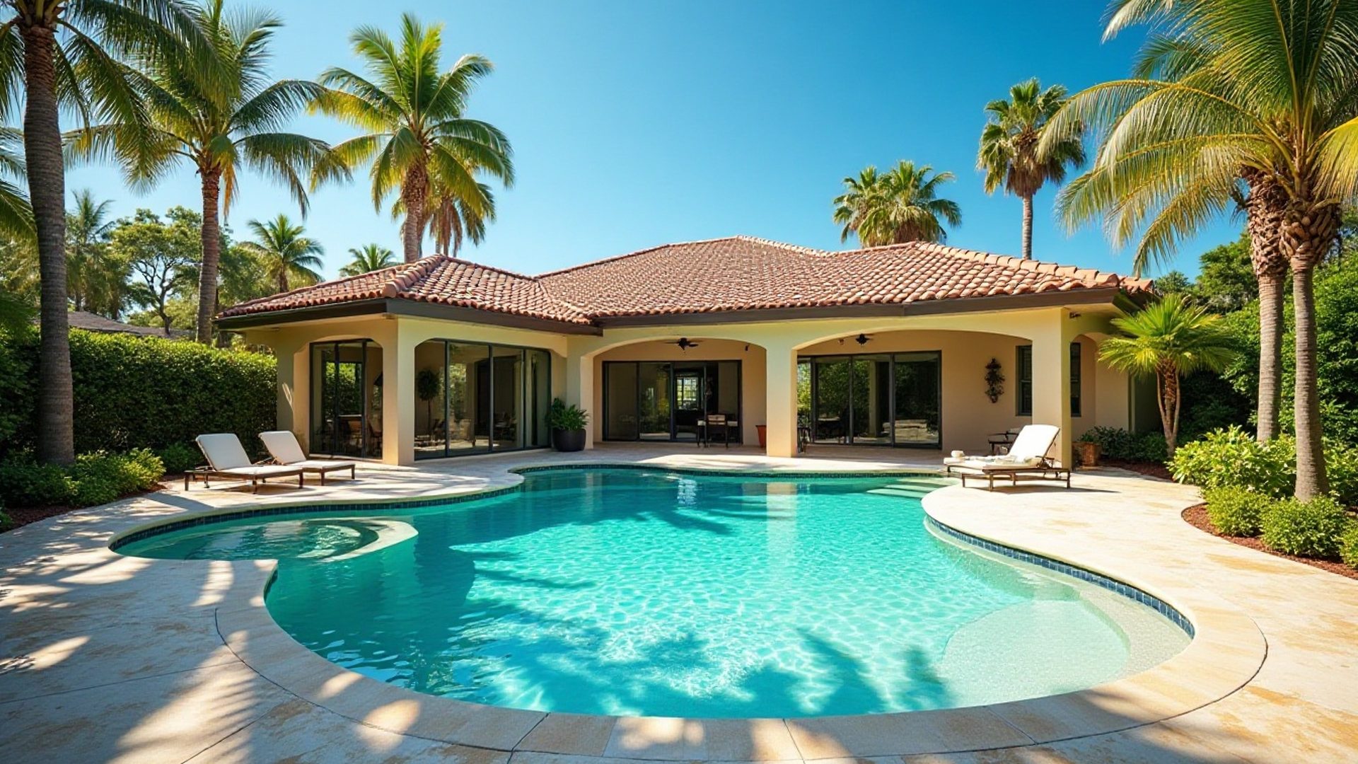 Bright blue backyard pool with palm trees at a home in Southwest Florida