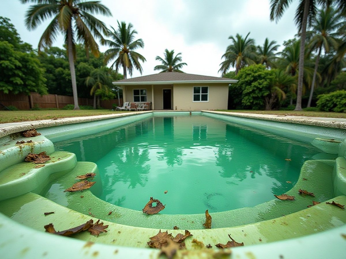 Green algae growing along a pool wall and step