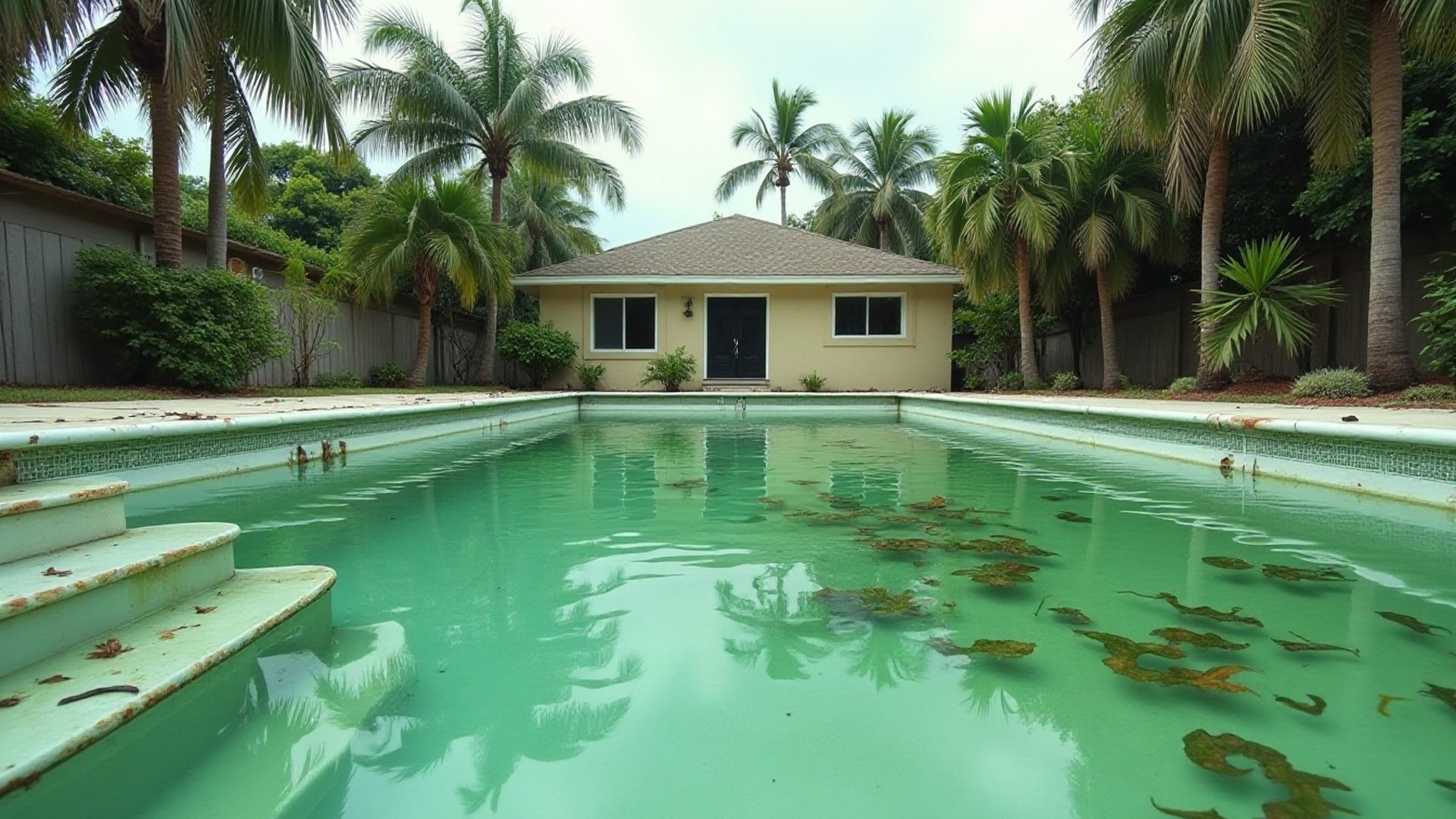 Backyard pool with cloudy green water from an algae bloom