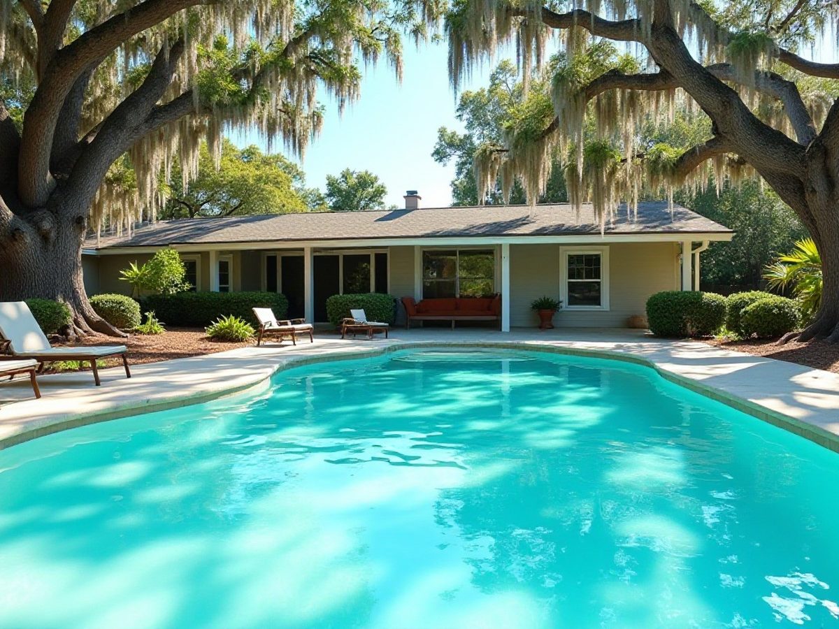 The same backyard pool with clear blue water after cleanup
