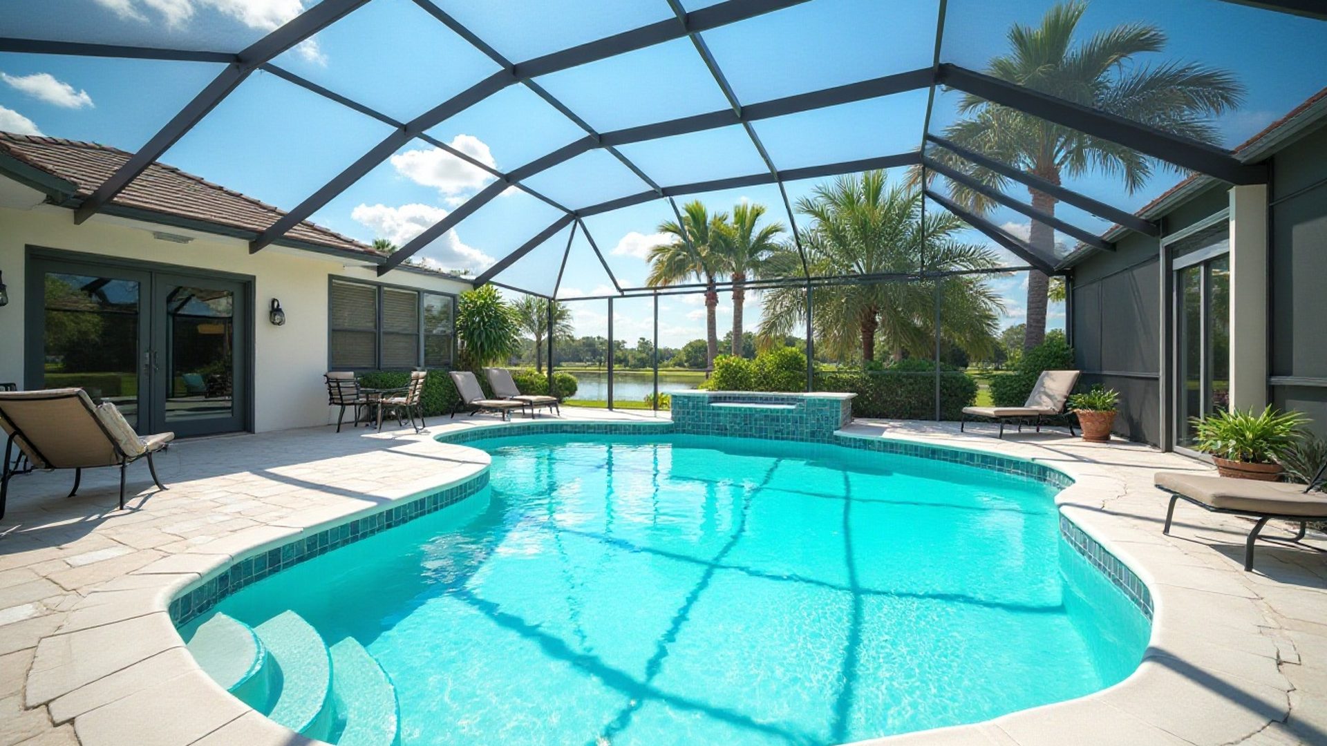 Sunlit backyard swimming pool behind a Florida home with clear blue water
