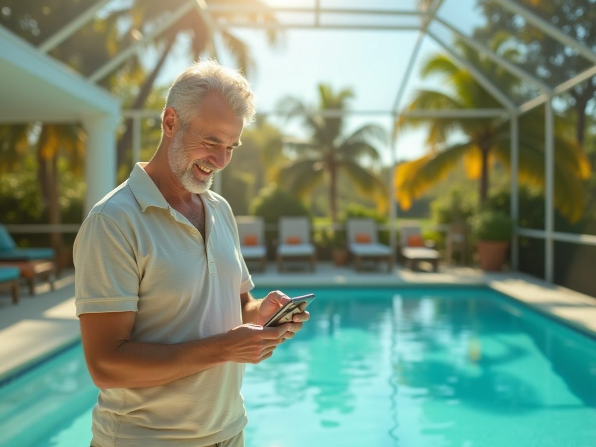Florida homeowner standing beside a backyard pool while looking at a phone