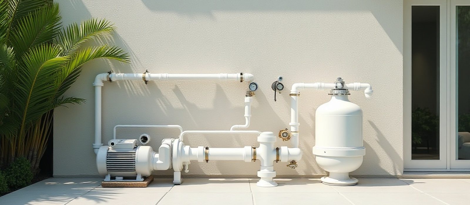Pool pump, filter and heater equipment on a concrete pad beside a Florida home