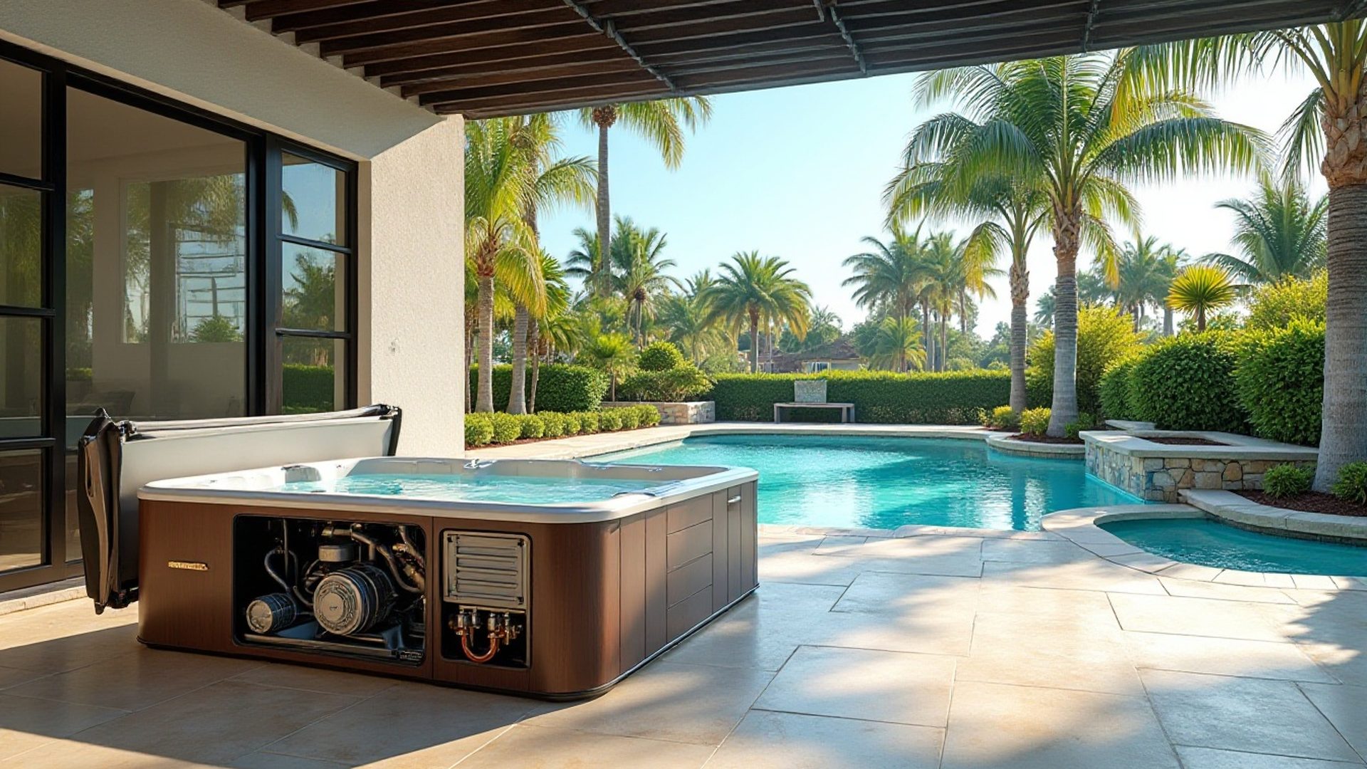 Covered hot tub on a Florida patio with the cabinet access panel open