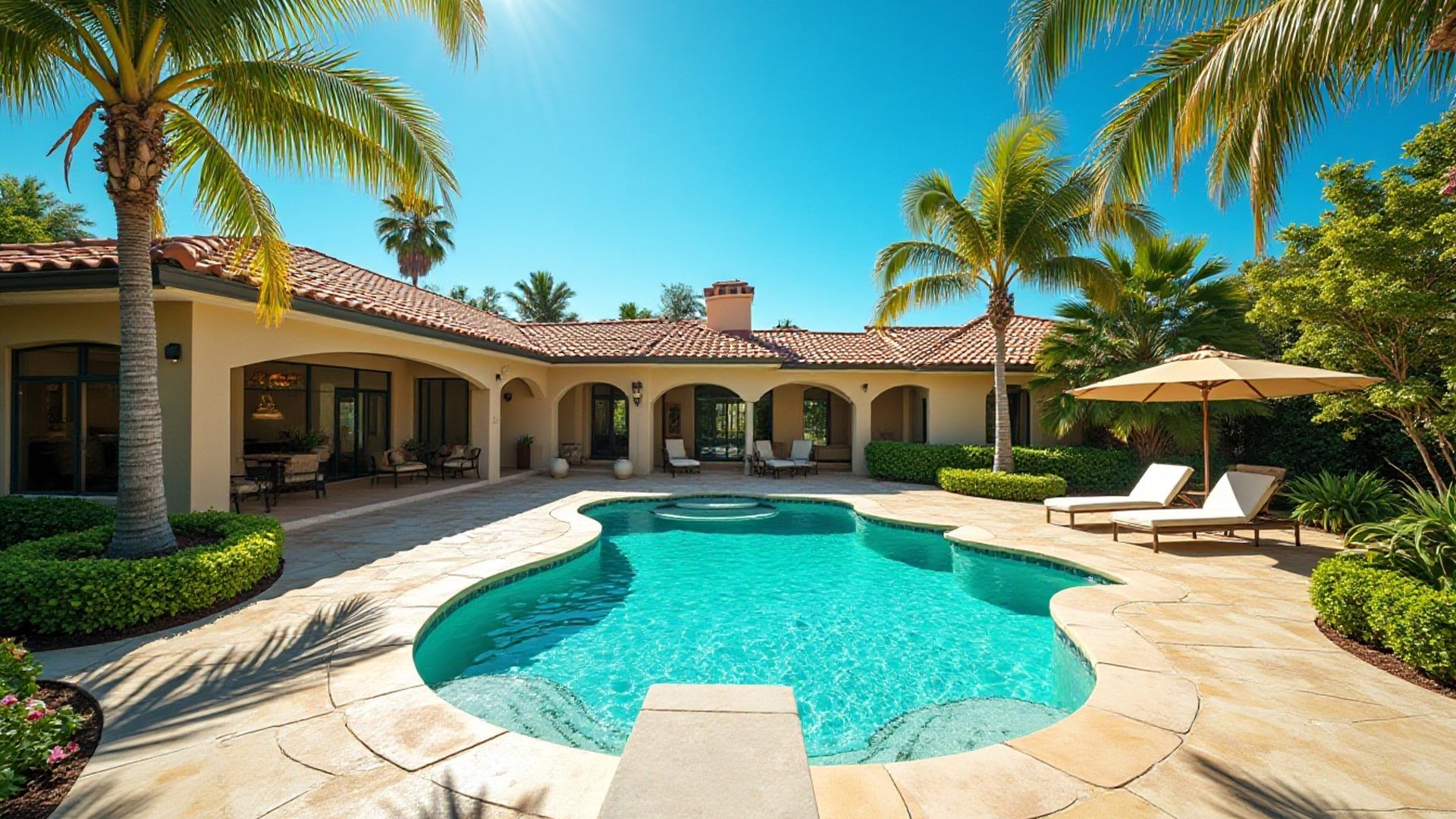Homeowner holding a phone beside a clear backyard pool