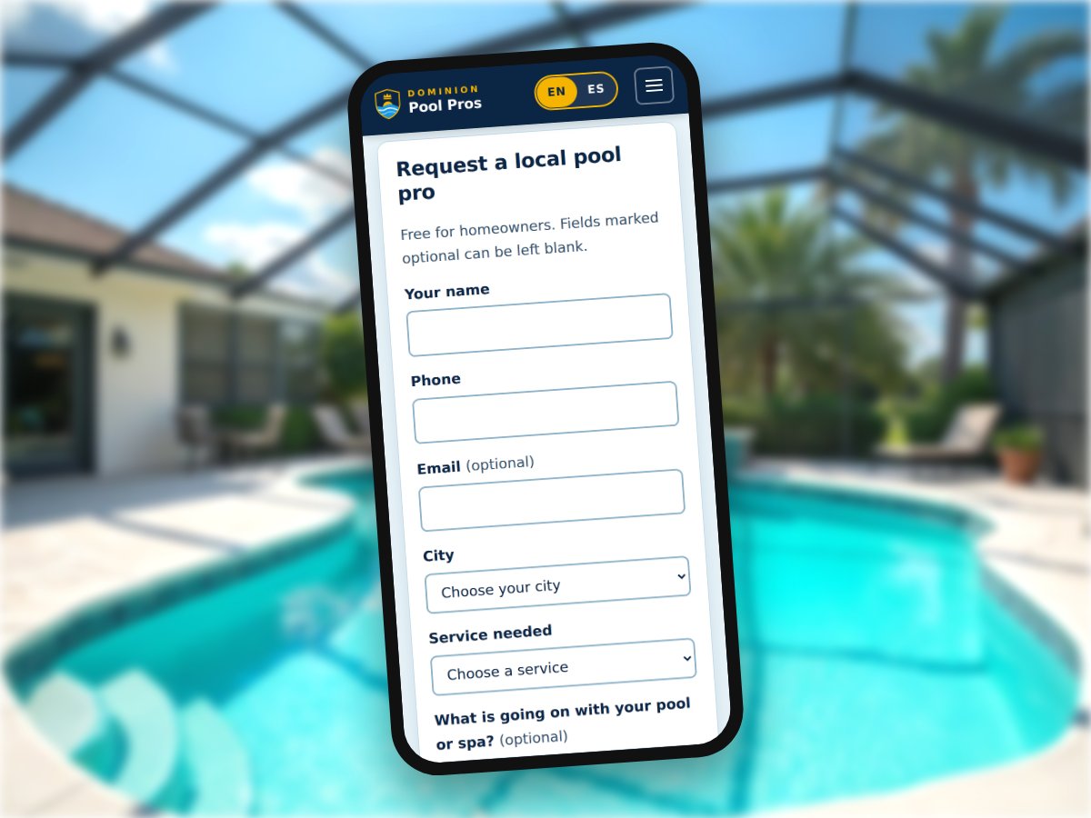Pool request form open on a phone screen next to a pool