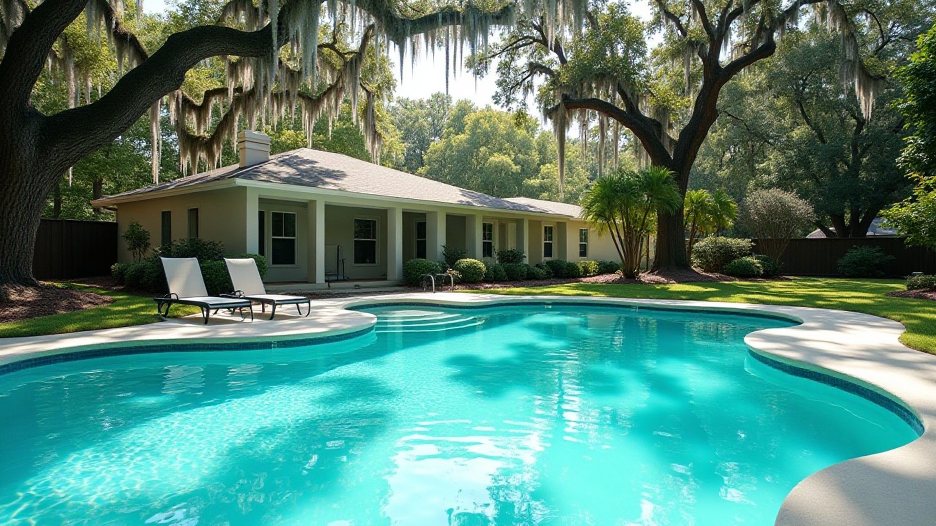 Clean backyard pool at a home in the Jacksonville area with trees in the background