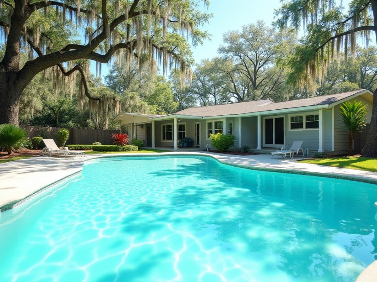 Backyard pool surrounded by shade trees with leaves on the water