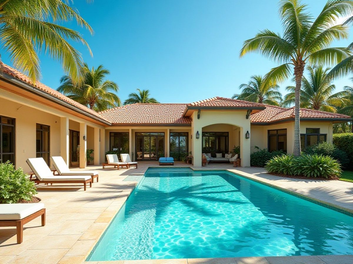 Backyard pool with tropical landscaping at a South Florida home