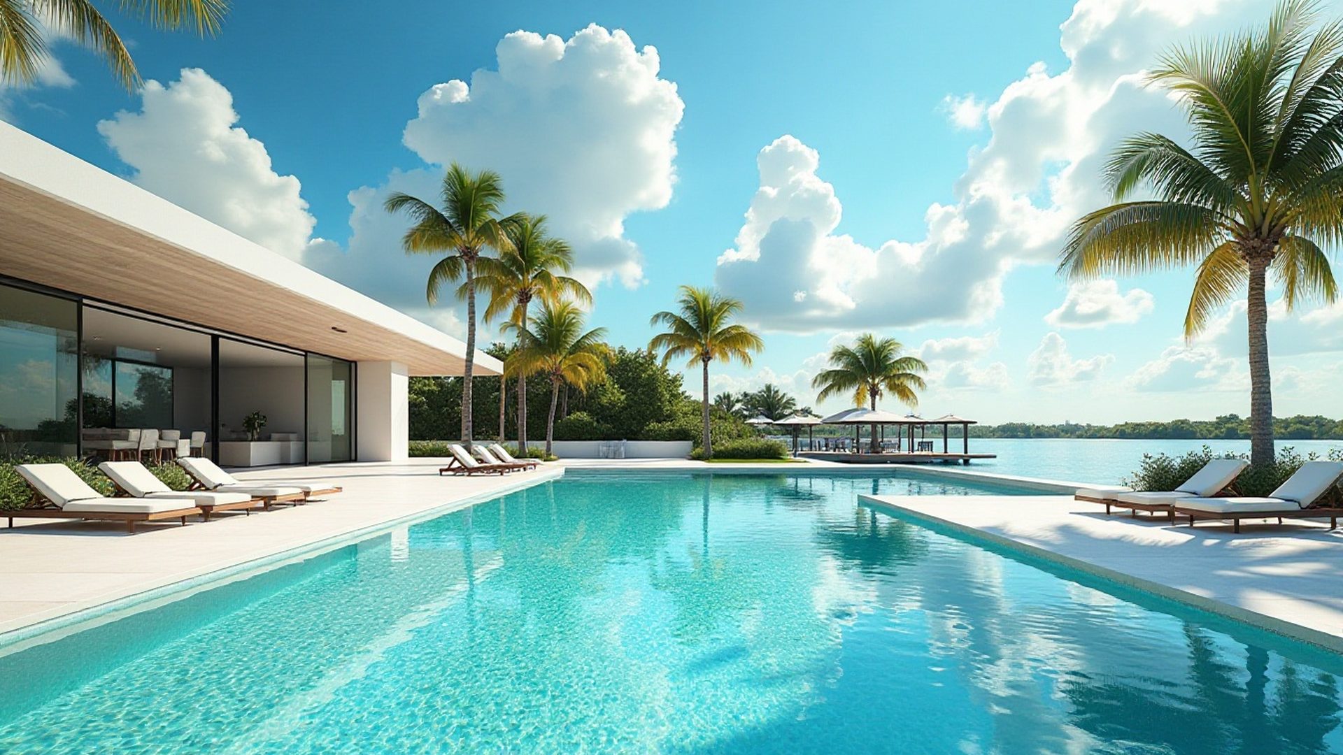 Modern backyard pool with lounge chairs at a home in the Miami area