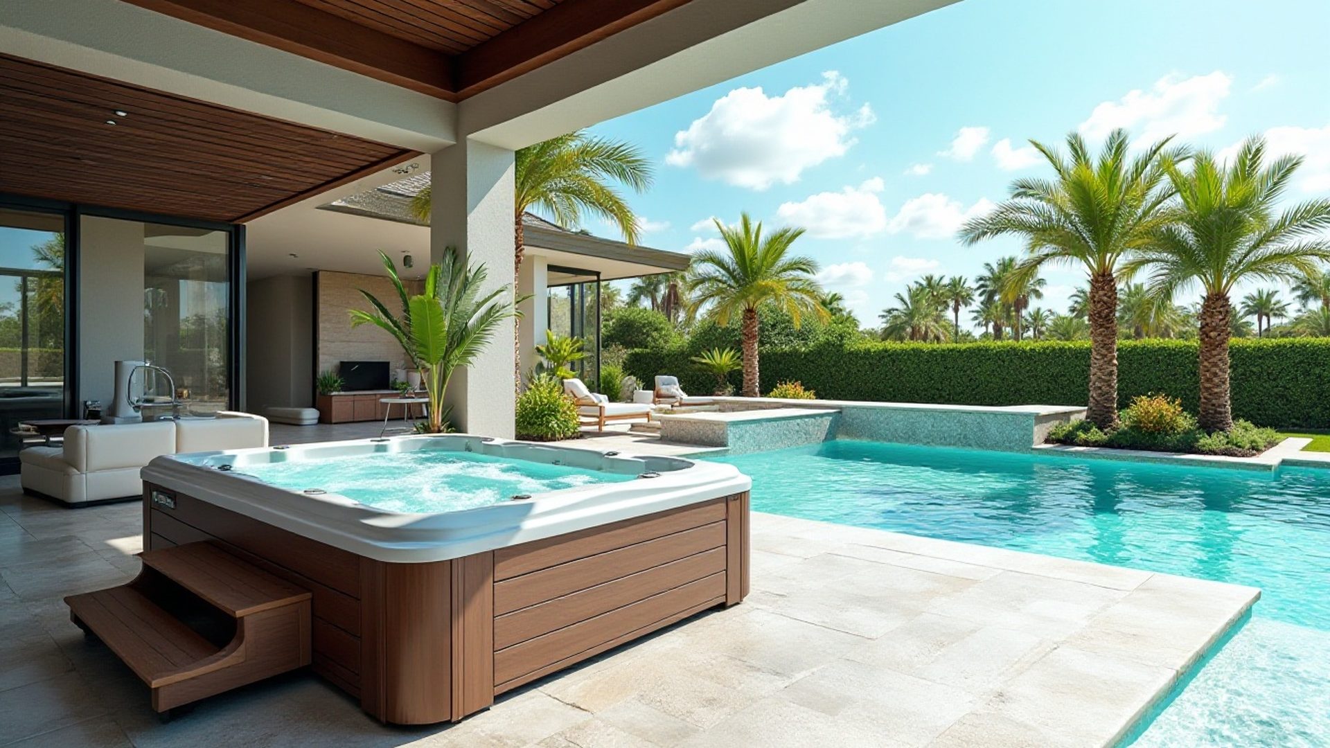 Freshly cleaned backyard pool with sparkling water ready for guests