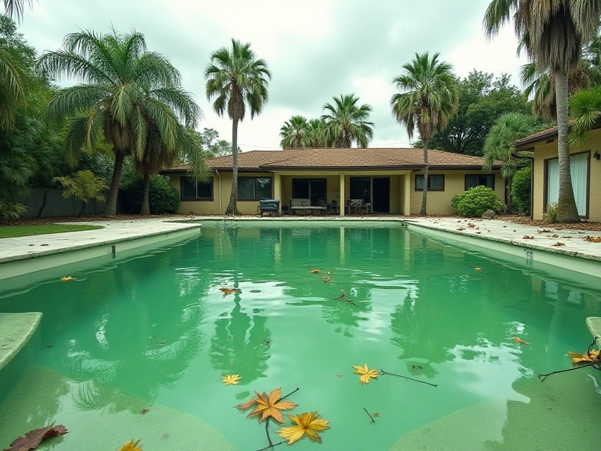 Palm fronds and leaves floating in a pool after a storm