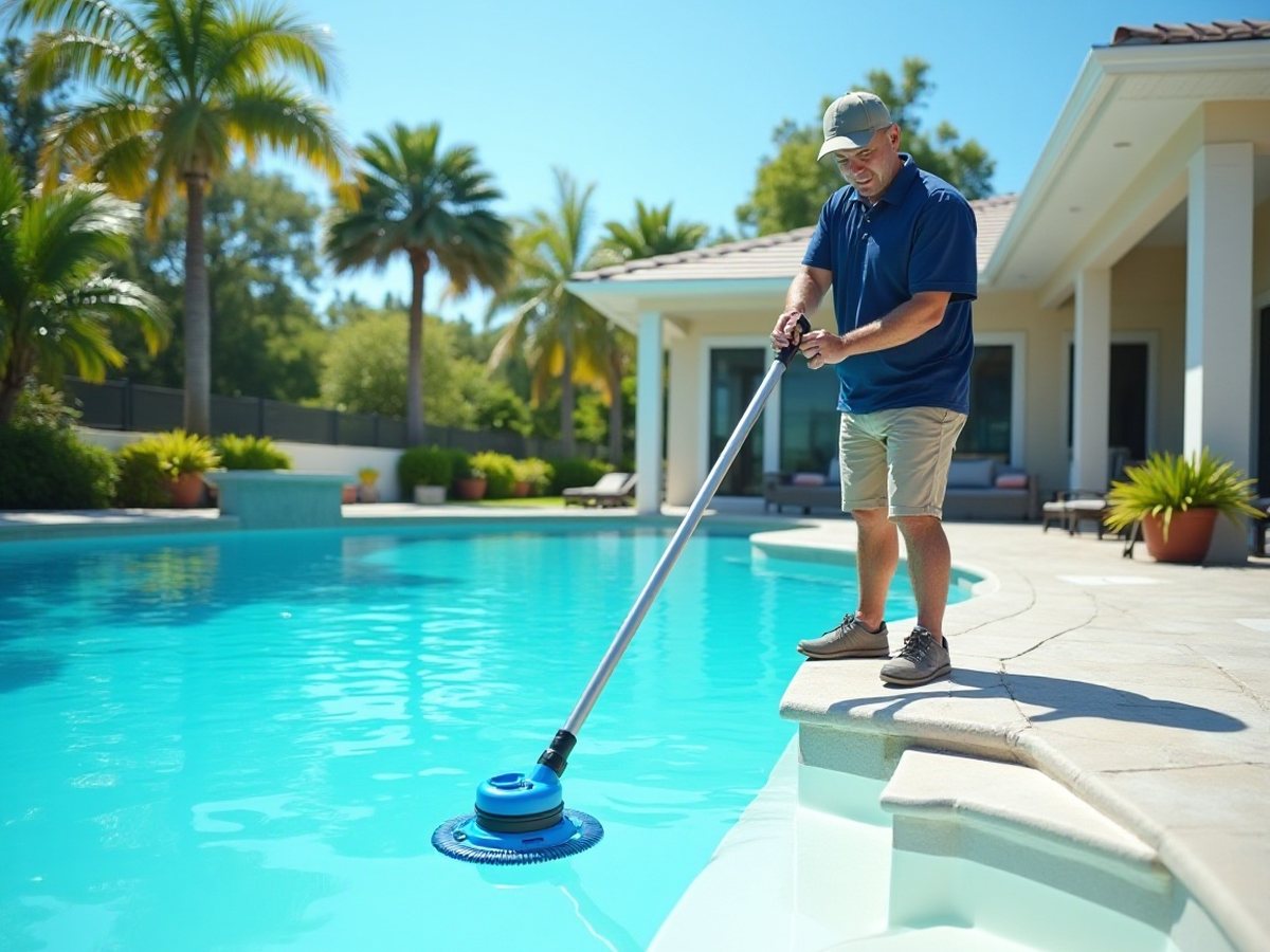 Pool vacuum head being pushed across the floor of a clear pool