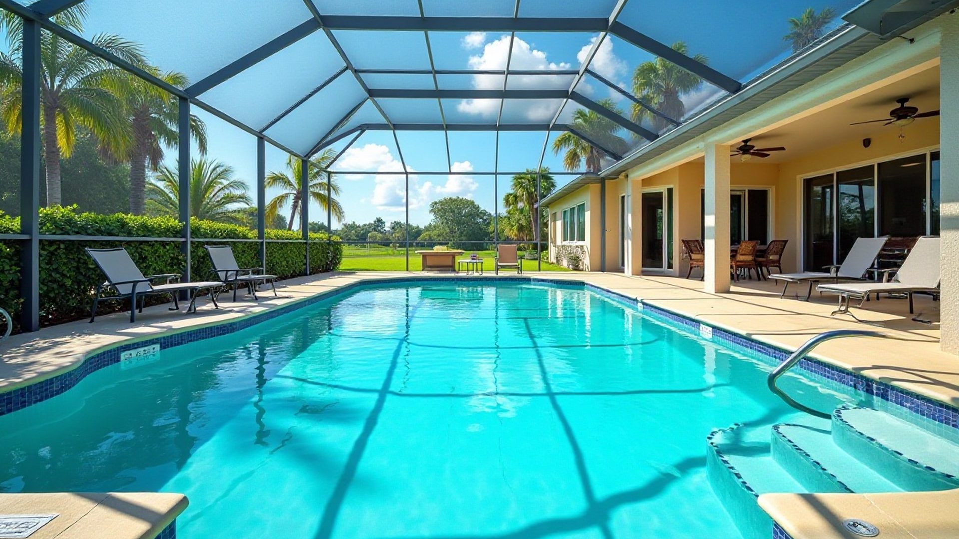 Screened backyard pool behind a home in the Orlando area on a sunny afternoon
