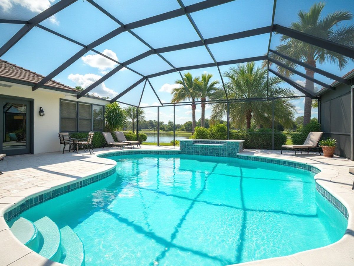 Pool screen enclosure over a backyard pool in a Central Florida neighborhood