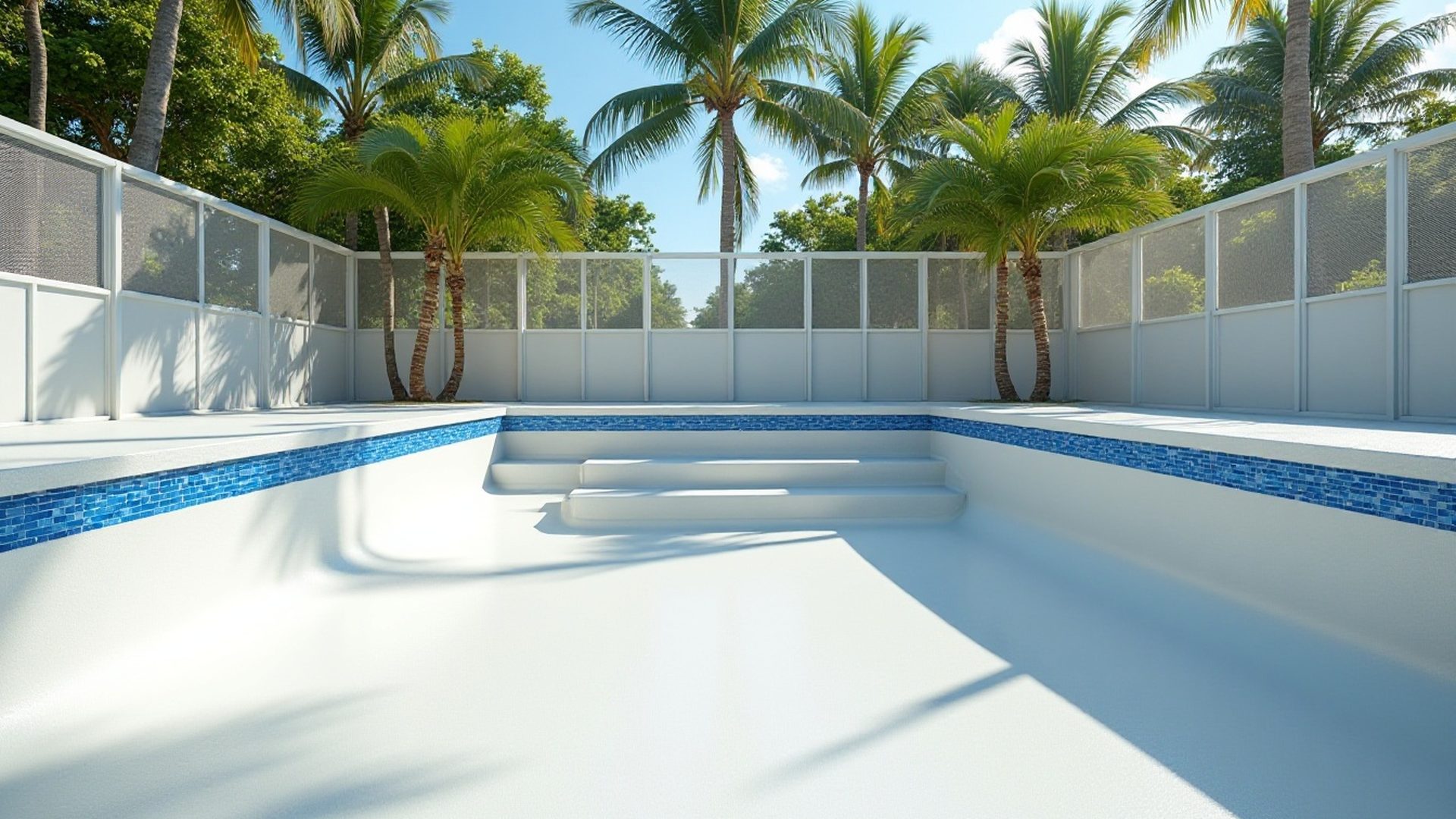 Drained swimming pool with stained white plaster ready for cleaning