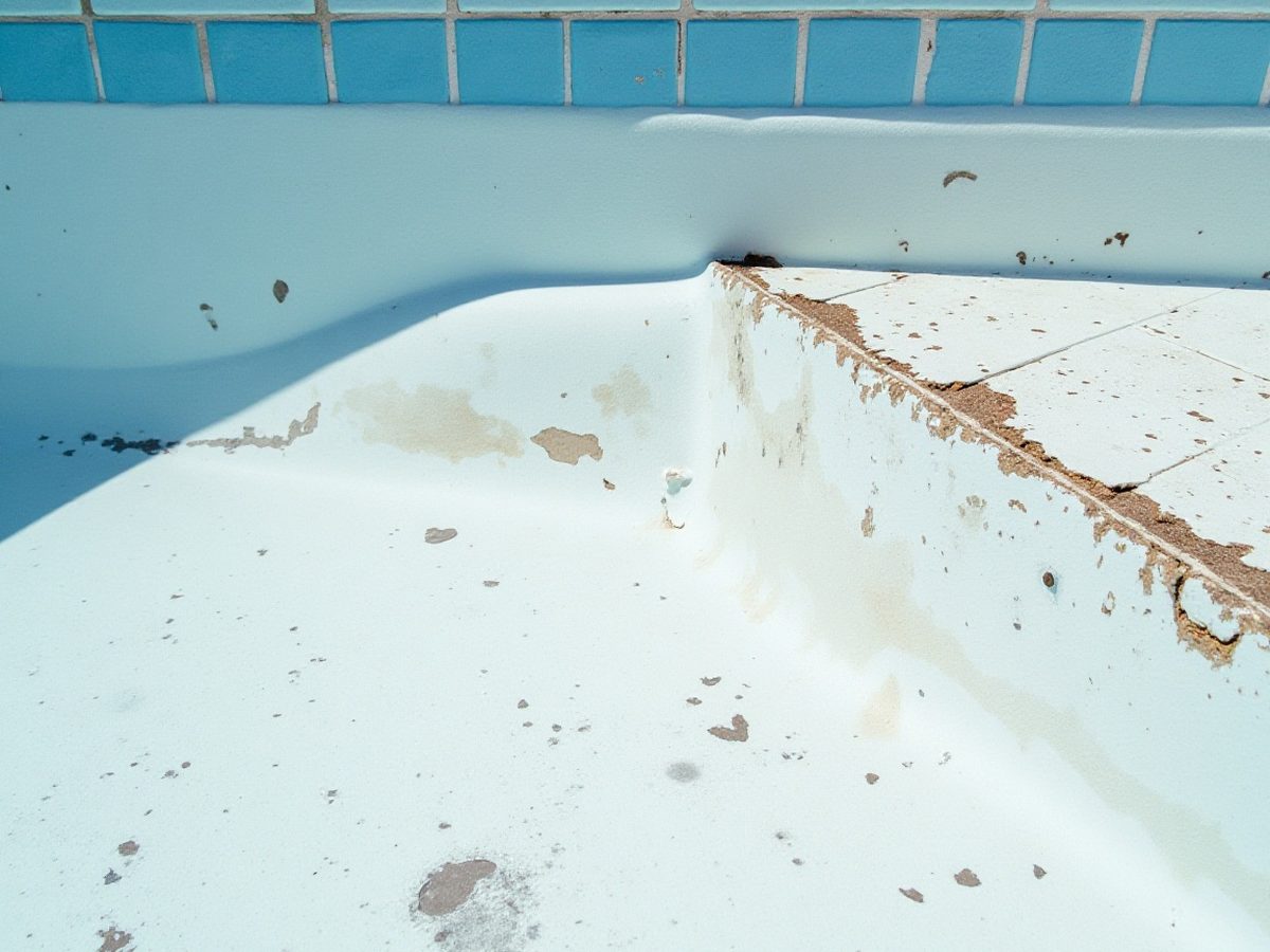 Close view of dark stains on white pool plaster