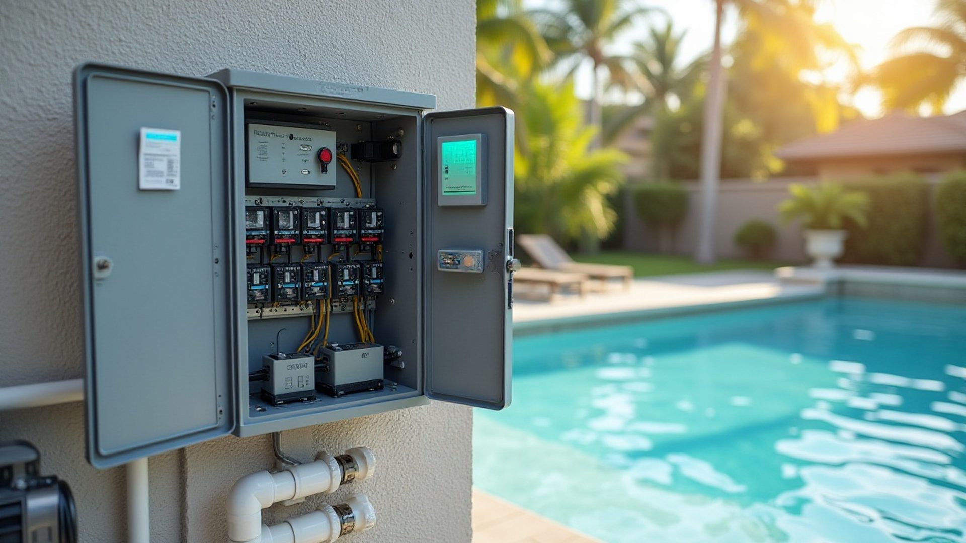 Pool automation control panel with its door open showing relays and wiring