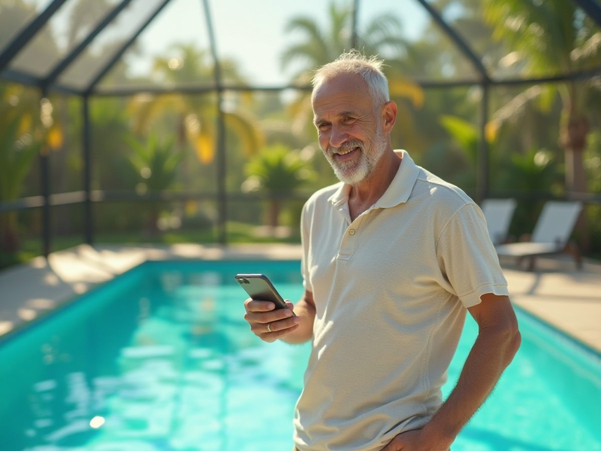 Homeowner using a phone app to control pool lights and heat