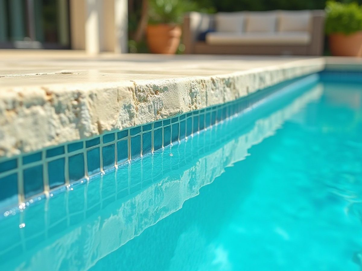 Pool edge showing waterline tile, coping stone, expansion joint and deck