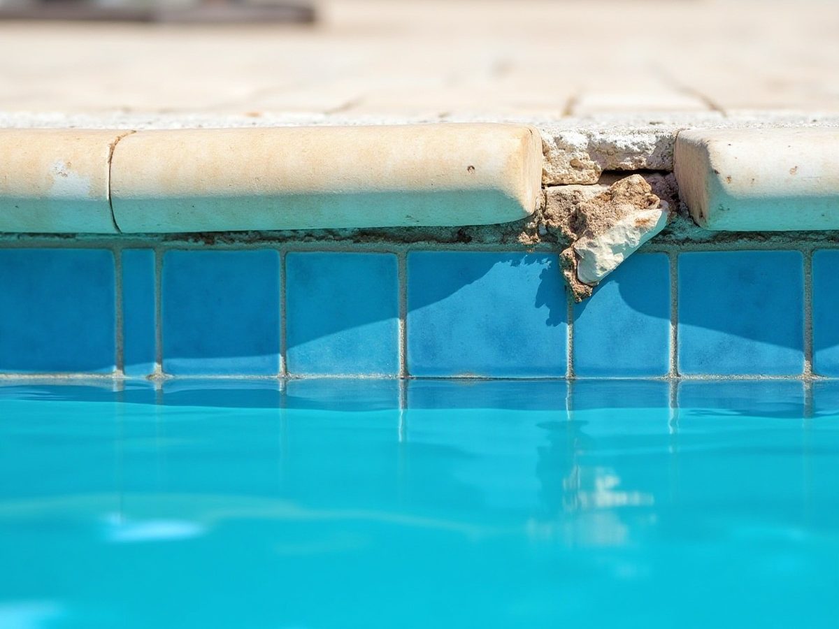 Loose coping stone lifted away from the pool edge showing broken mortar