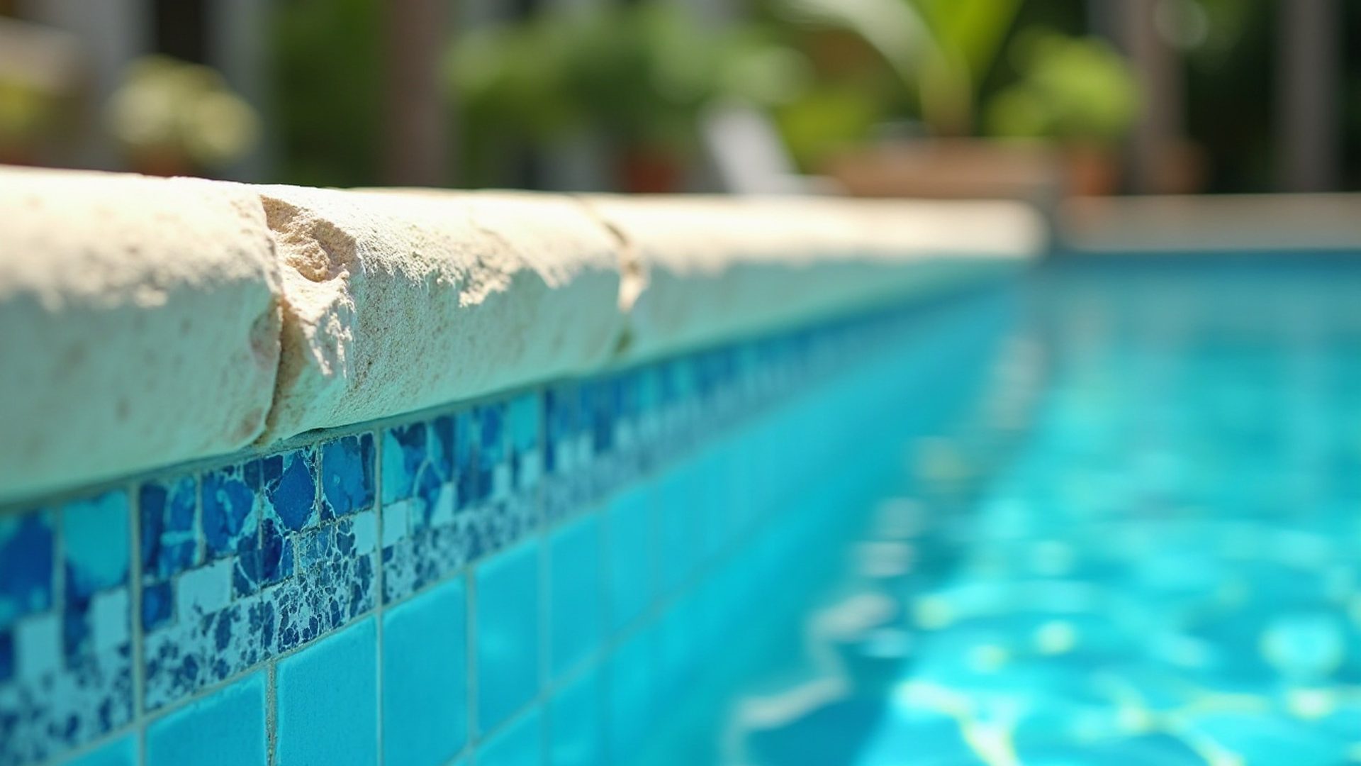 Travertine coping stones along the edge of a backyard swimming pool