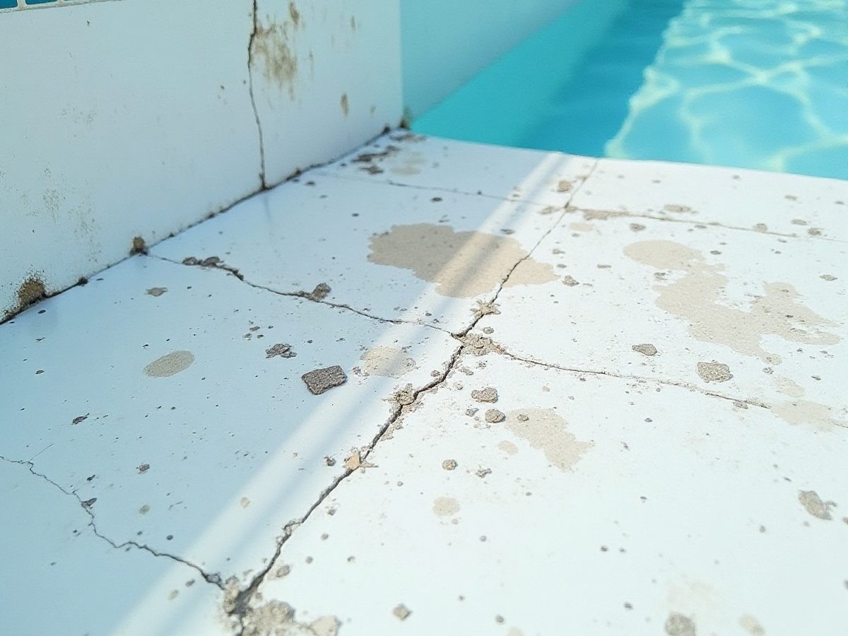 Cracked and faded pool deck coating beside a pool coping edge