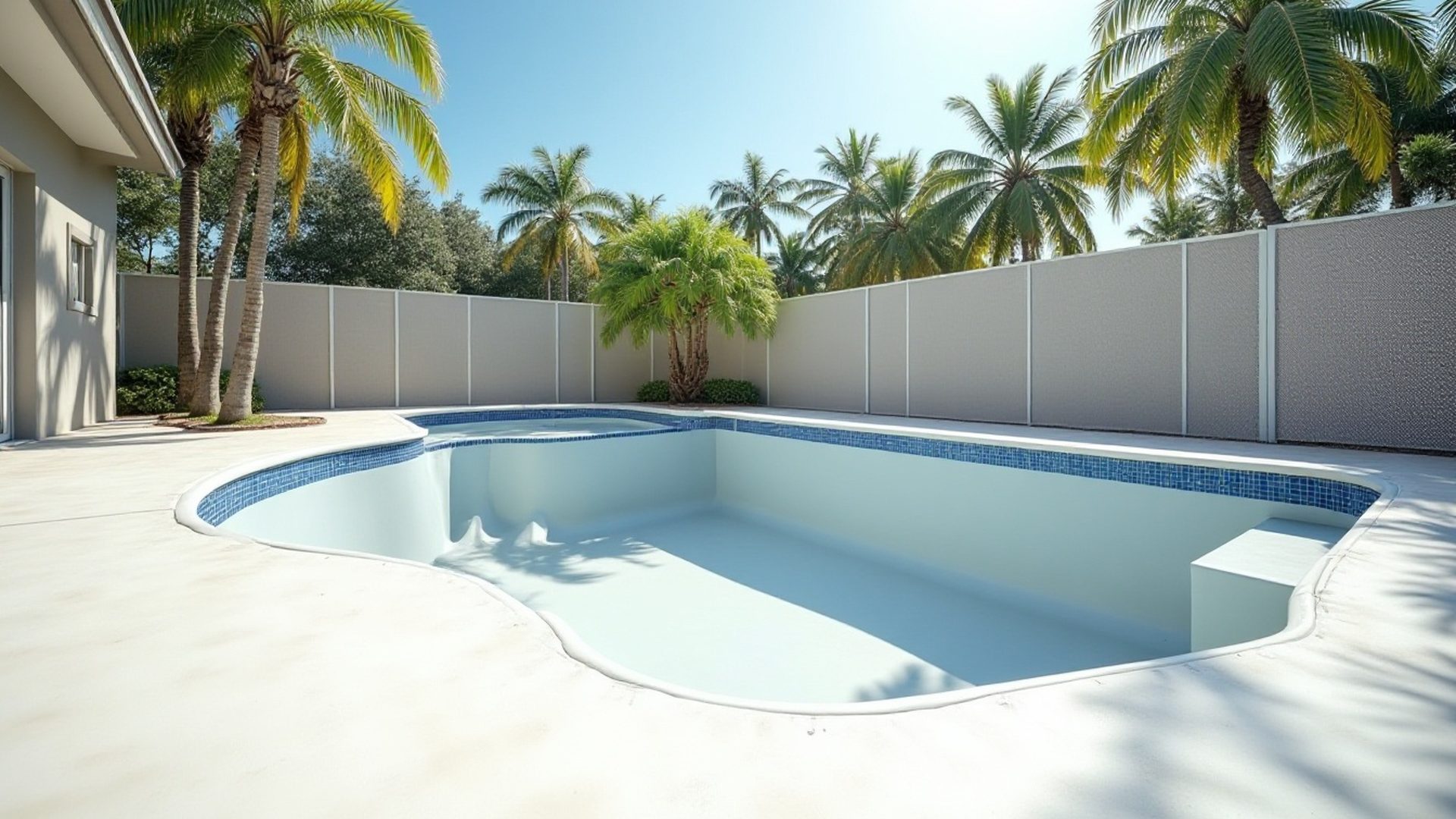 Light-colored textured concrete pool deck surrounding a backyard pool in Florida