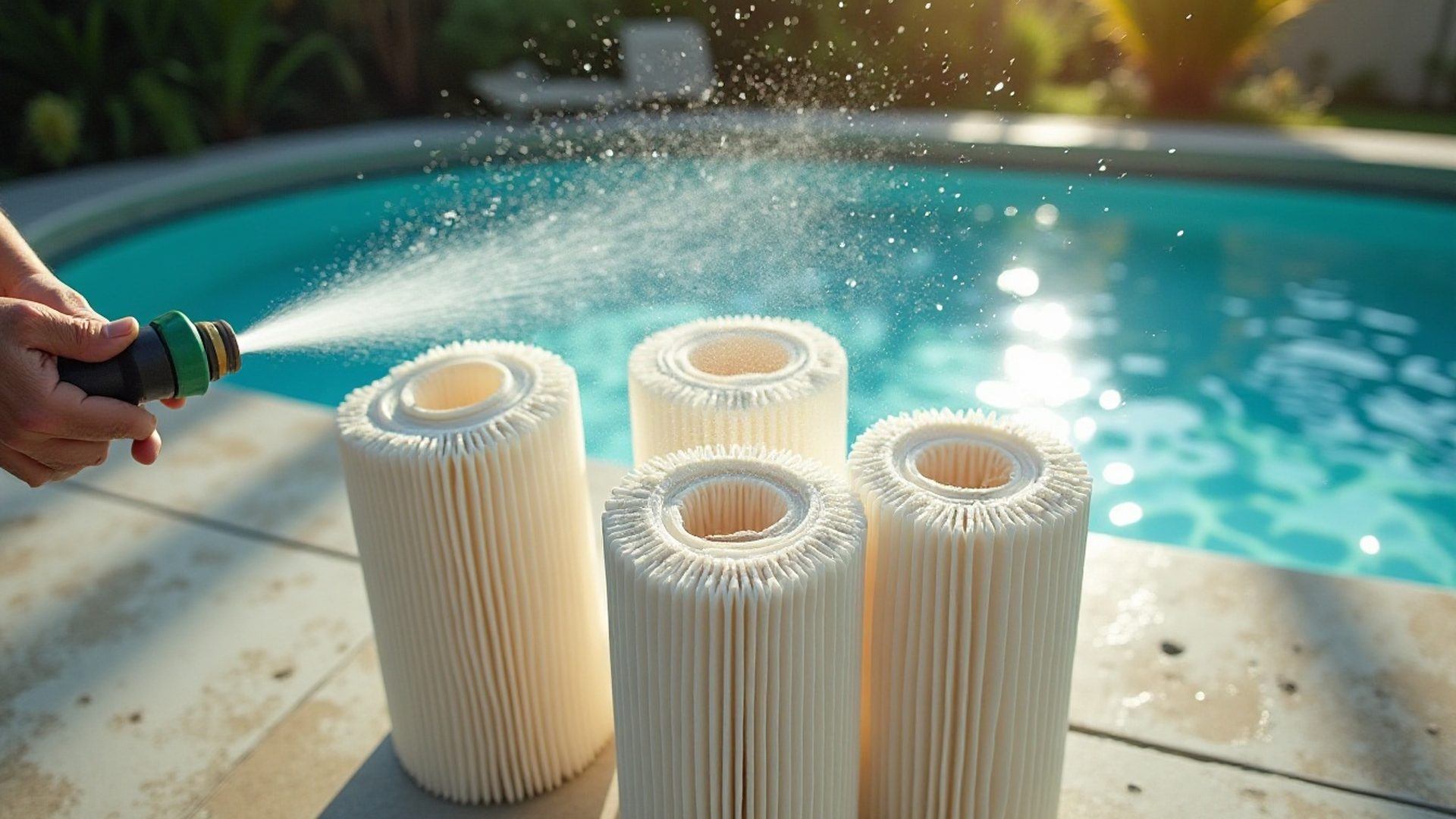Pool filter cartridges being rinsed with a garden hose beside a pool