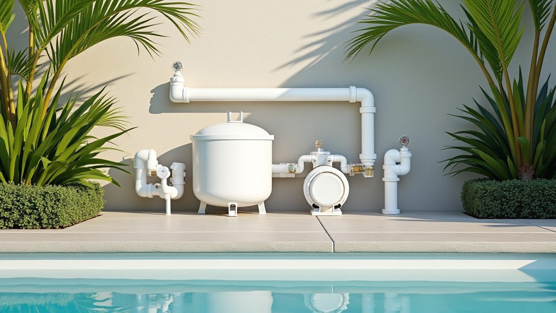 Cartridge pool filter tank connected to plumbing on a pool equipment pad
