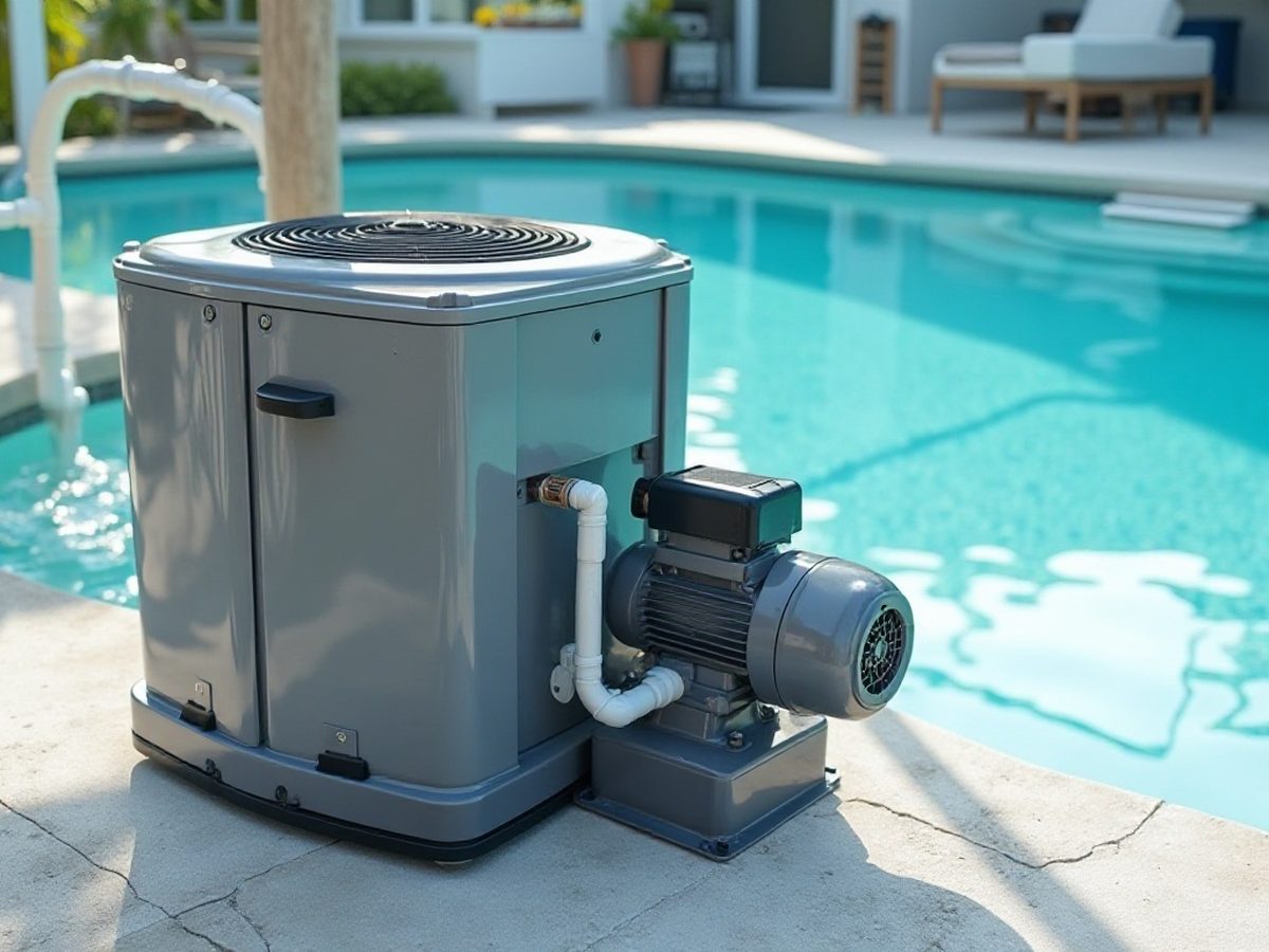 Top view of a pool heat pump showing its fan grille