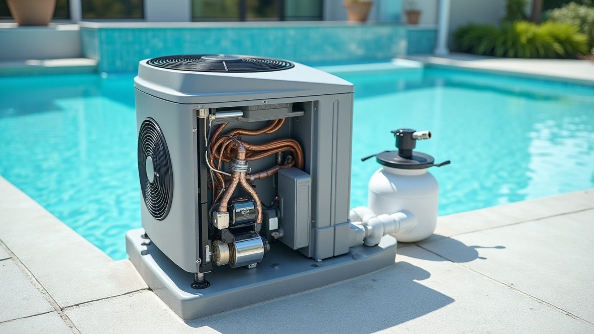 Pool heat pump with its side panel removed for inspection beside a pool