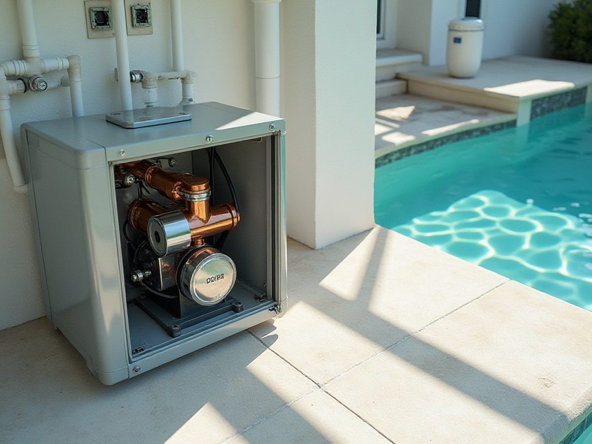 Inside view of a gas pool heater burner tray with the access panel removed