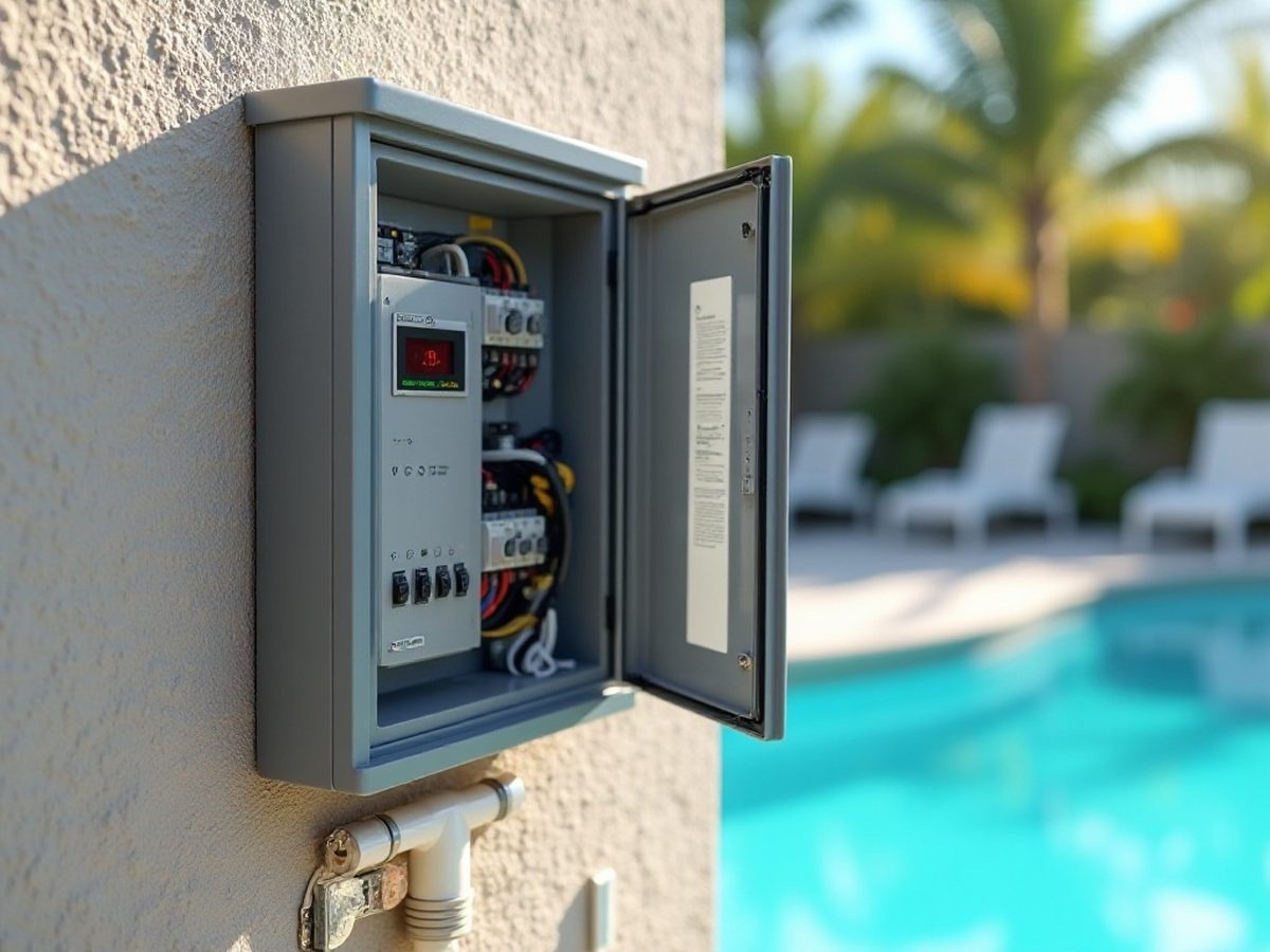 Pool heater control panel showing a temperature display and status lights