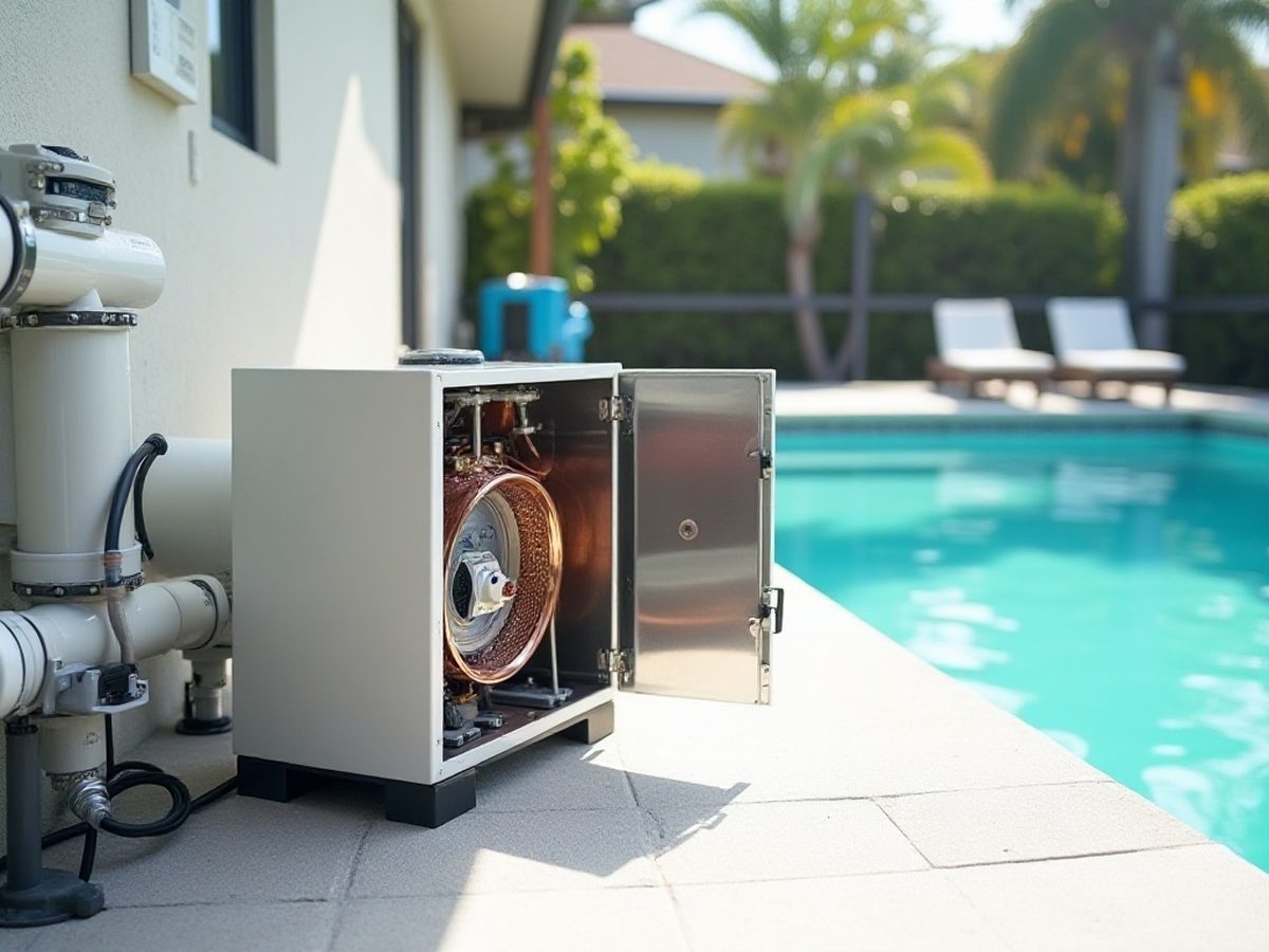 Newly installed gas pool heater with fresh plumbing on an equipment pad