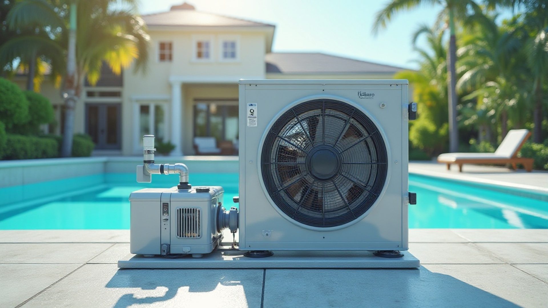 New pool heat pump installed beside a pool equipment pad at a Florida home