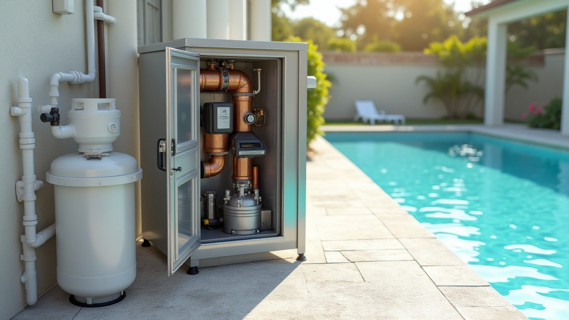 Gas pool heater installed on an equipment pad next to a pool pump and filter
