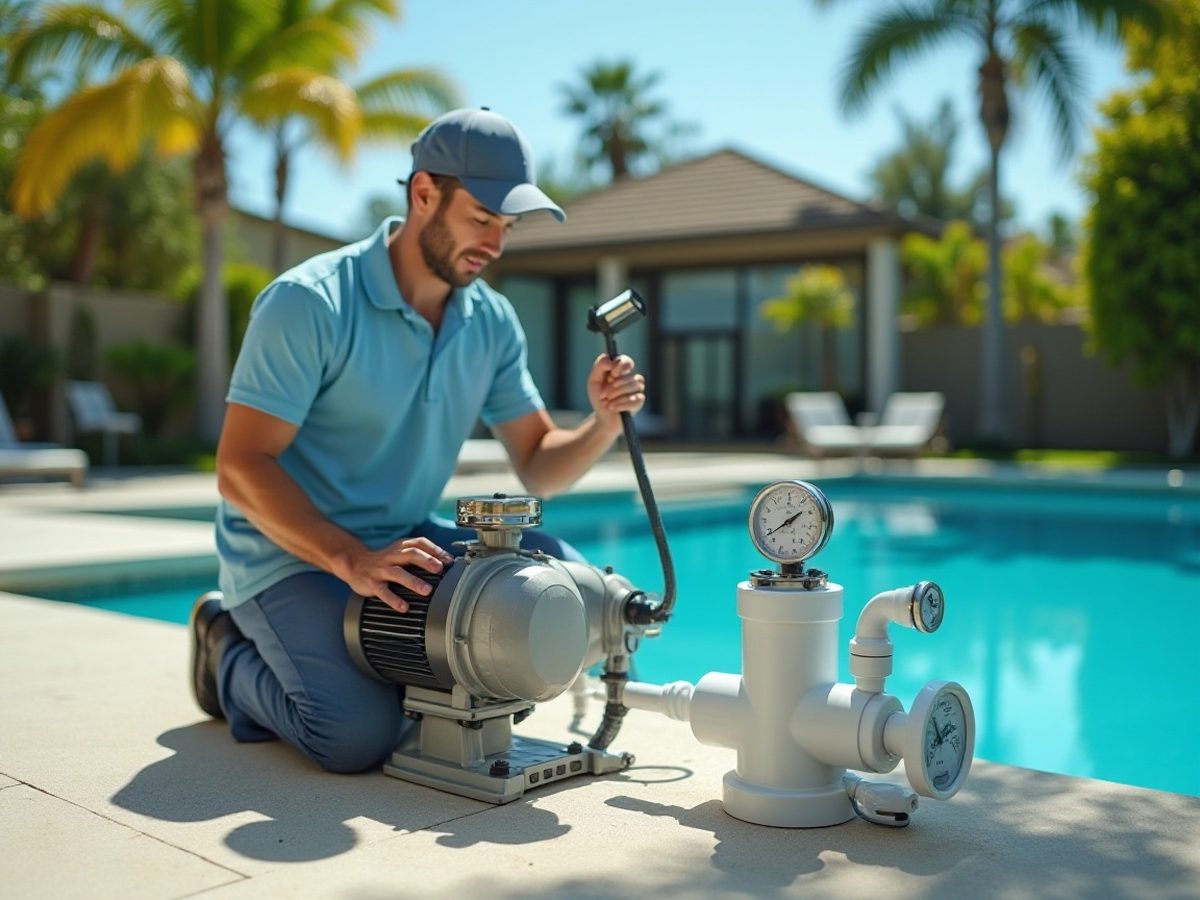 Pool professional examining pool equipment during a home purchase inspection