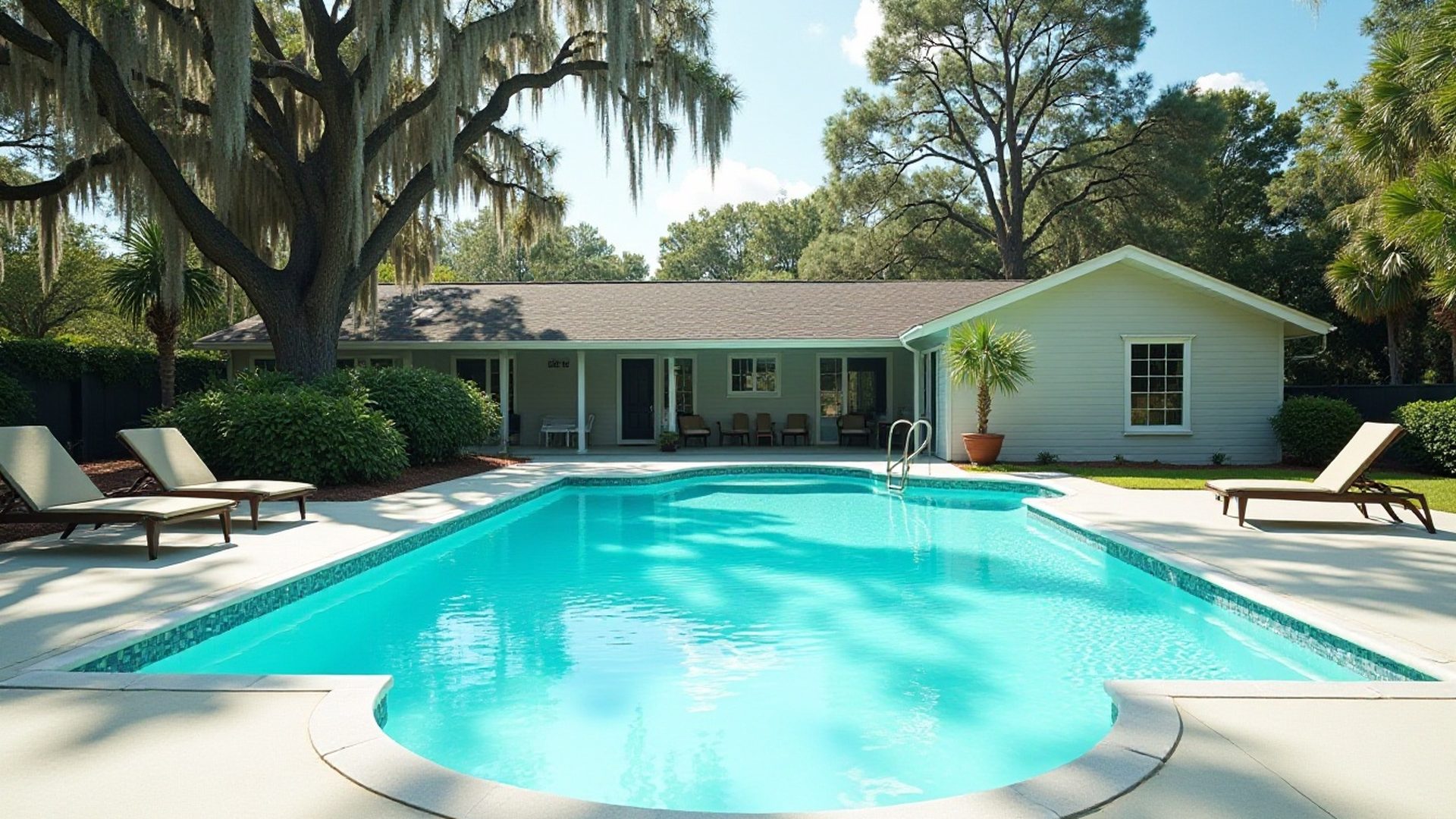 Backyard pool at a Florida home listed for sale on a sunny day