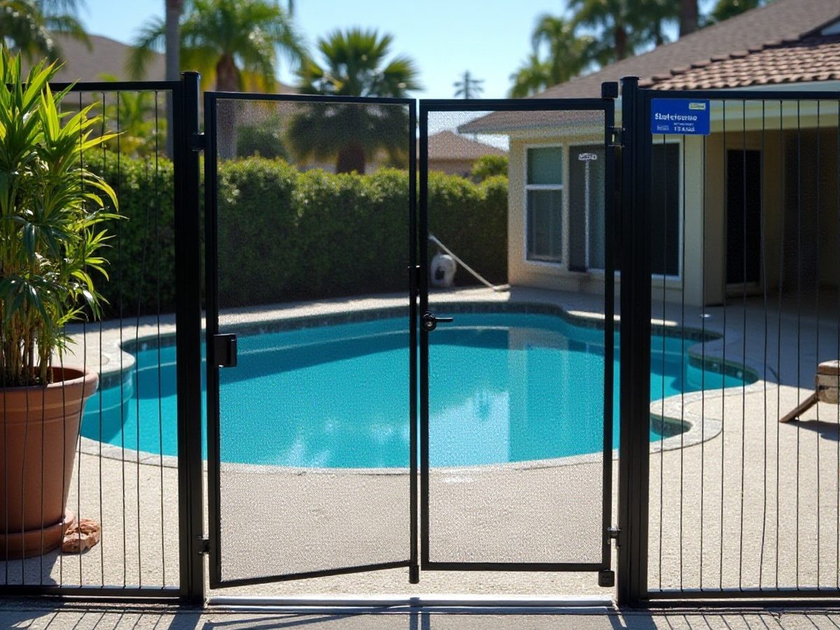 Self-closing gate in a fence around a backyard pool