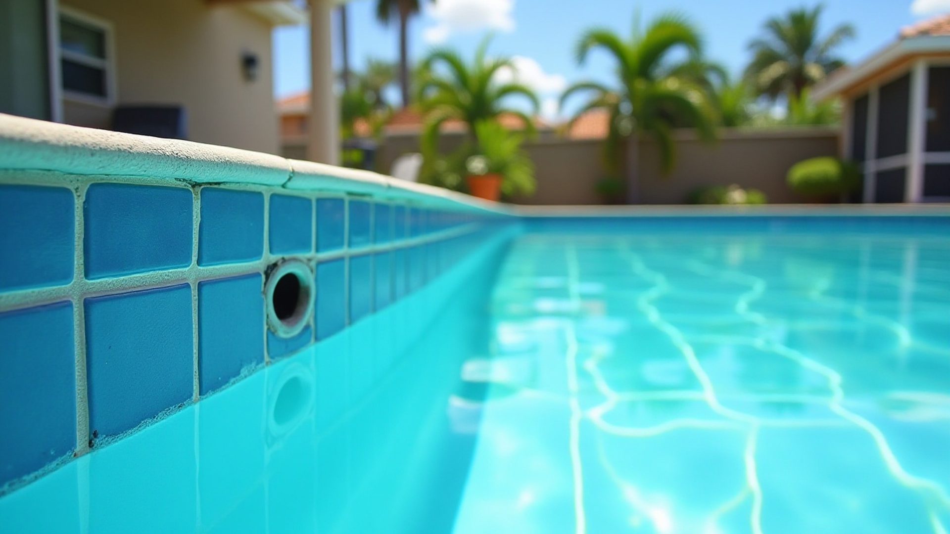 Pool water level sitting below the tile line on a sunny Florida afternoon